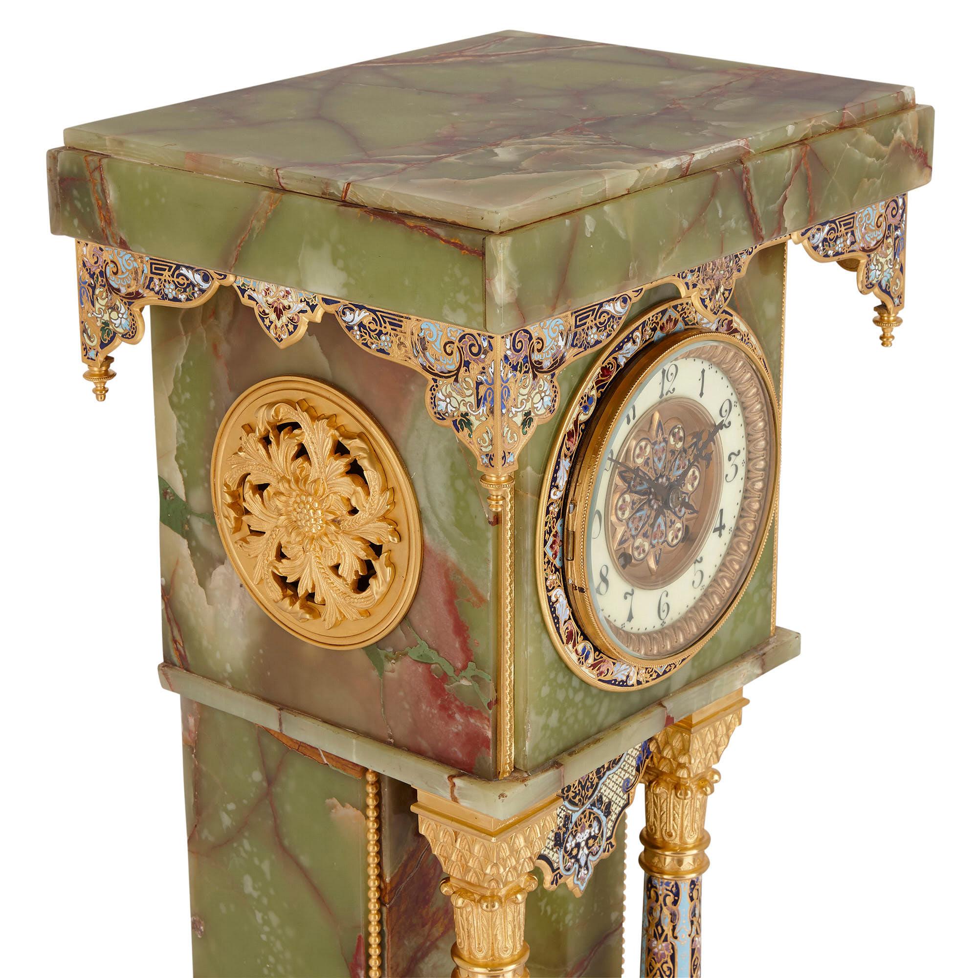 French Neoclassical Style Enamel, Onyx, and Gilt Bronze Pedestal Clock For Sale 1