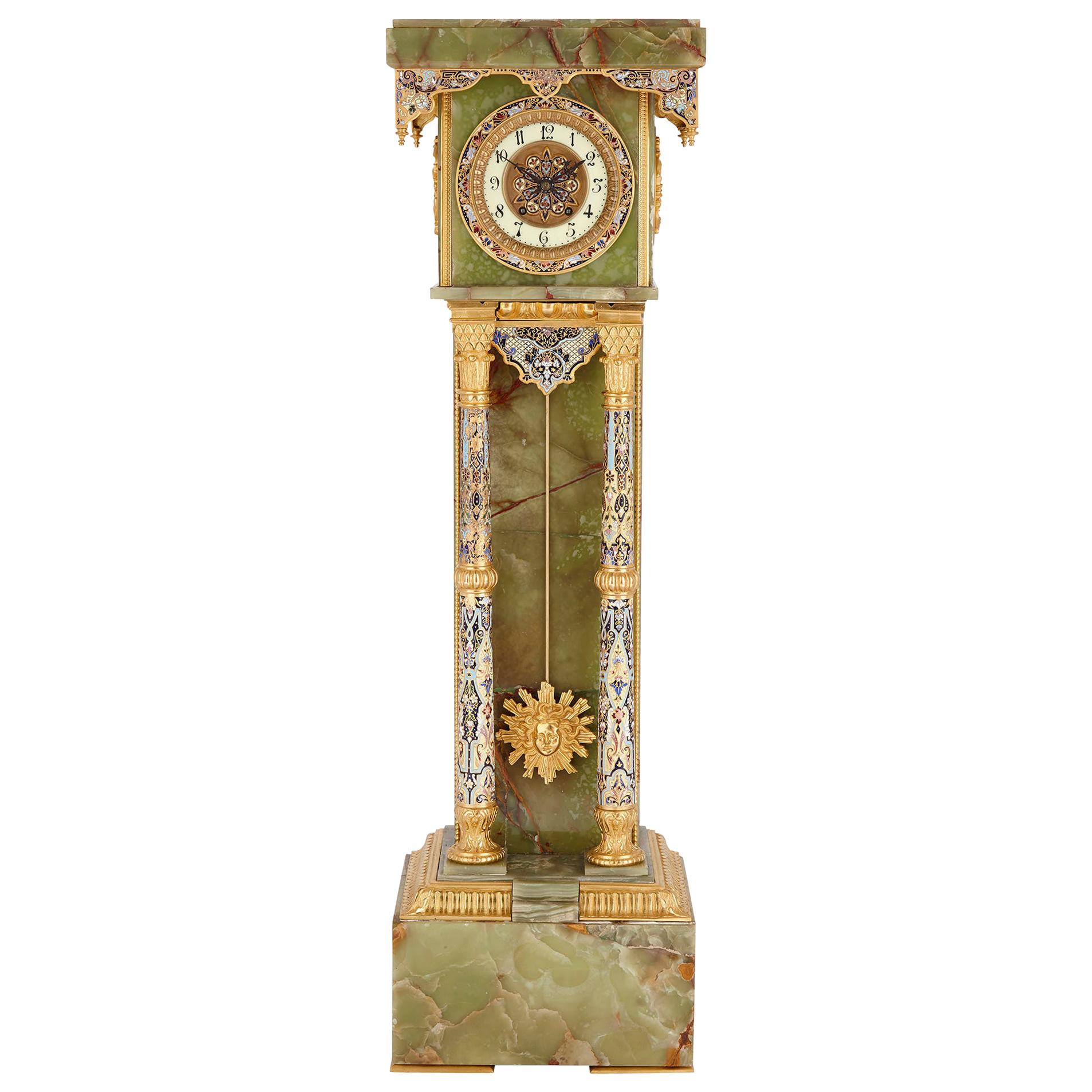 French Neoclassical Style Enamel, Onyx, and Gilt Bronze Pedestal Clock