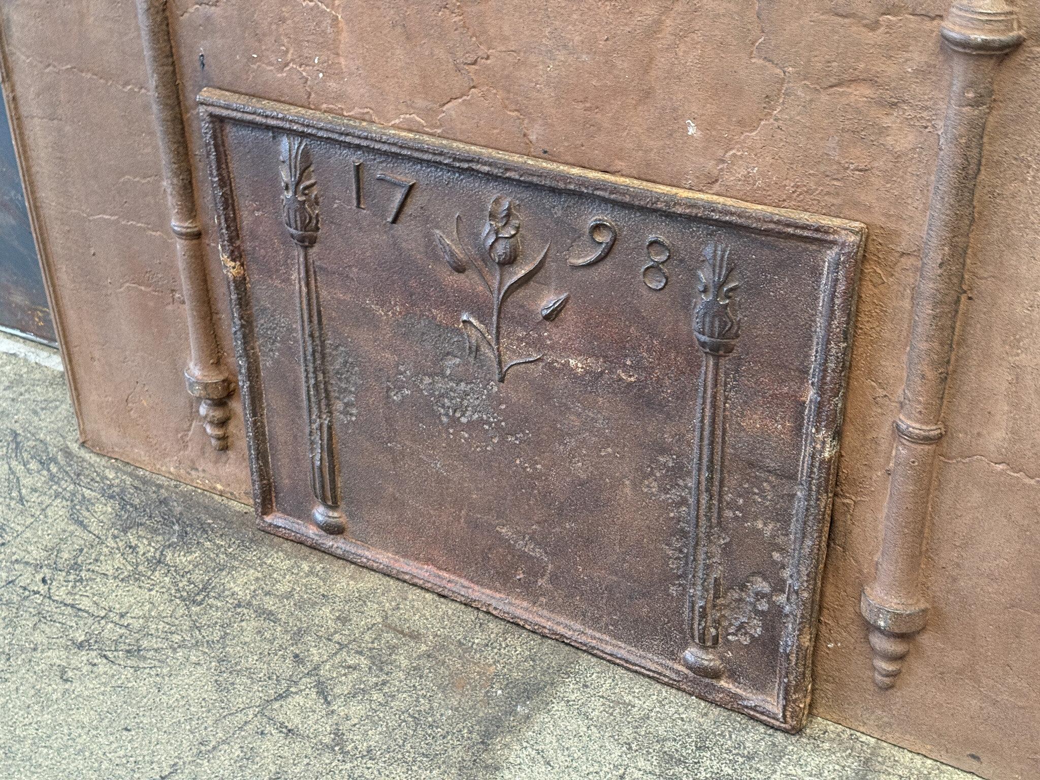 Cast French Neoclassical Style Fireback / Backsplash, Dated 1798 For Sale
