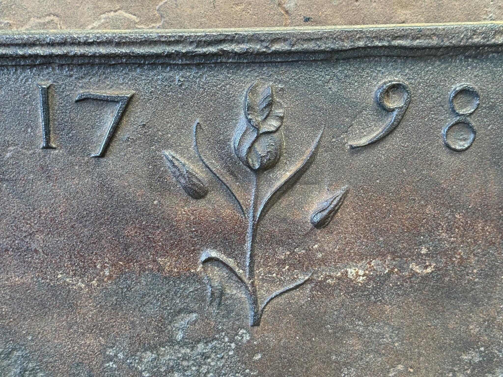 Iron French Neoclassical Style Fireback / Backsplash, Dated 1798 For Sale