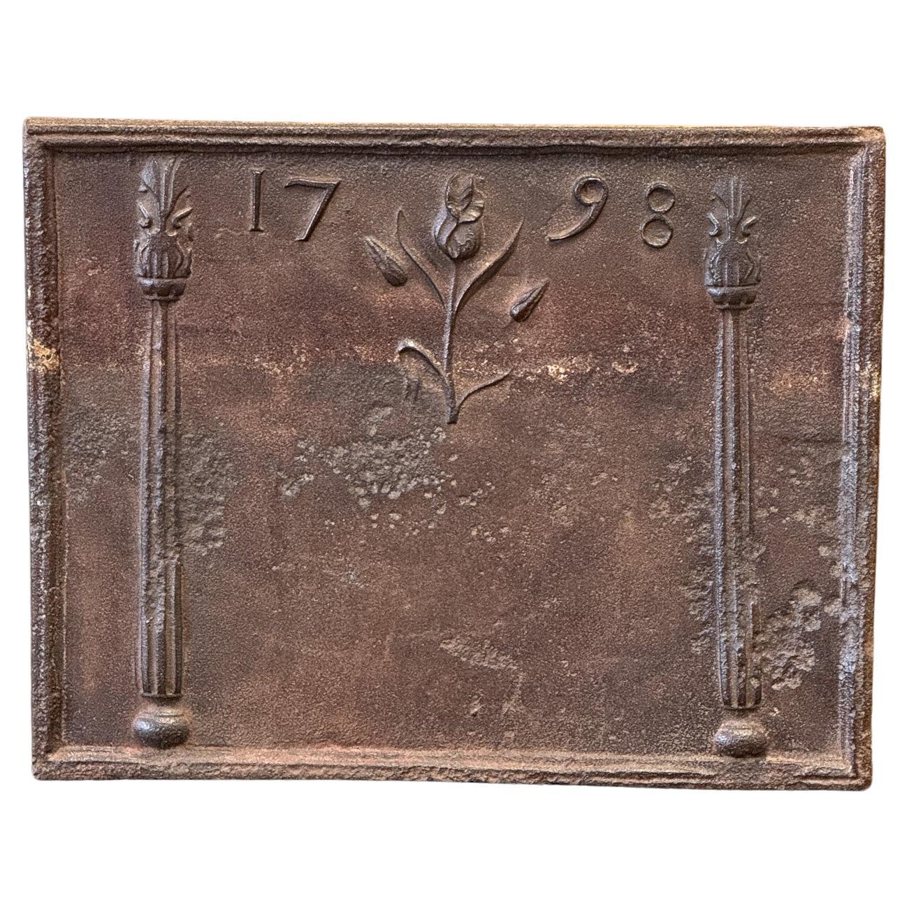 French Neoclassical Style Fireback / Backsplash, Dated 1798 For Sale