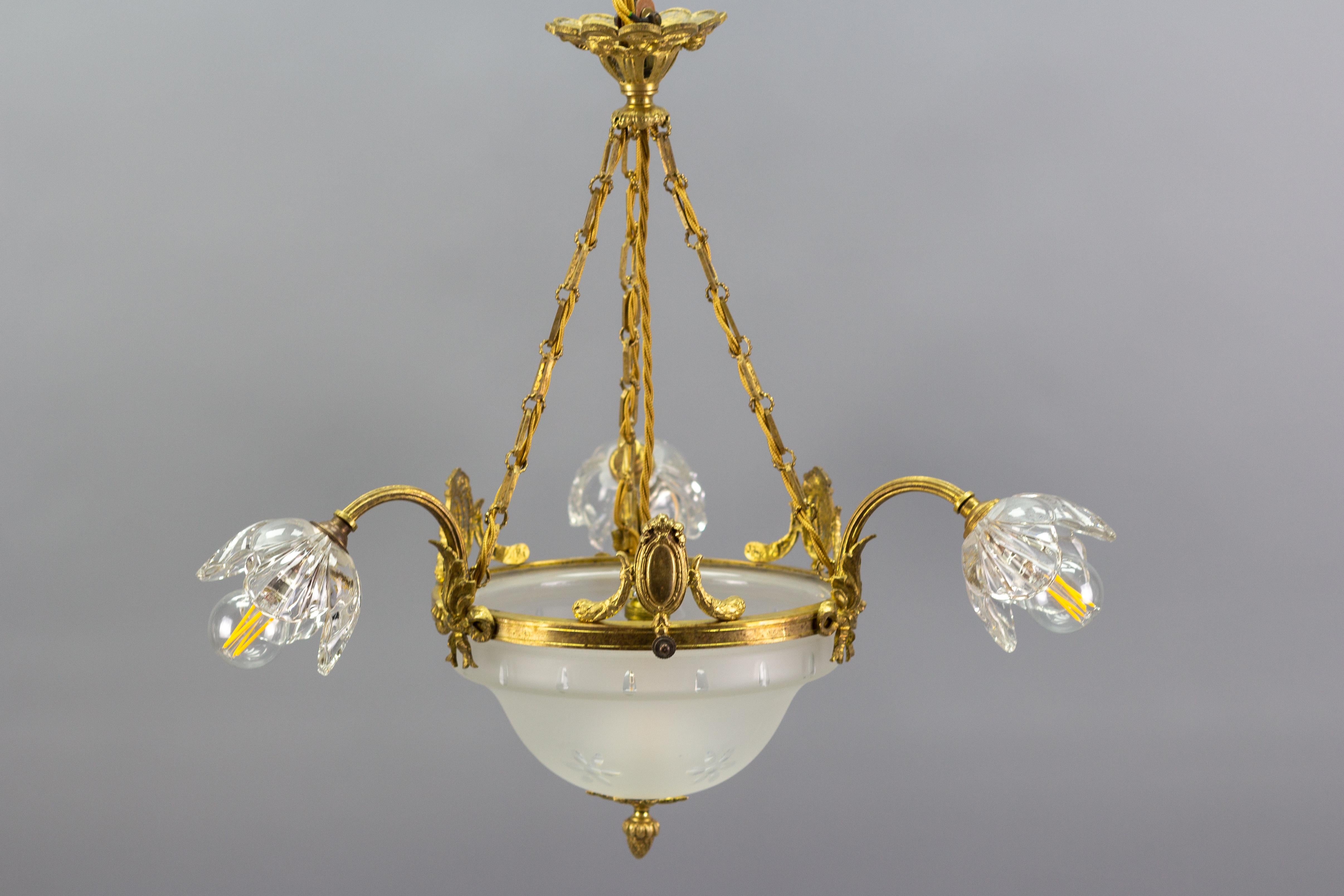 French Neoclassical Style Gilt Bronze and Glass Four-Light Chandelier For Sale 6