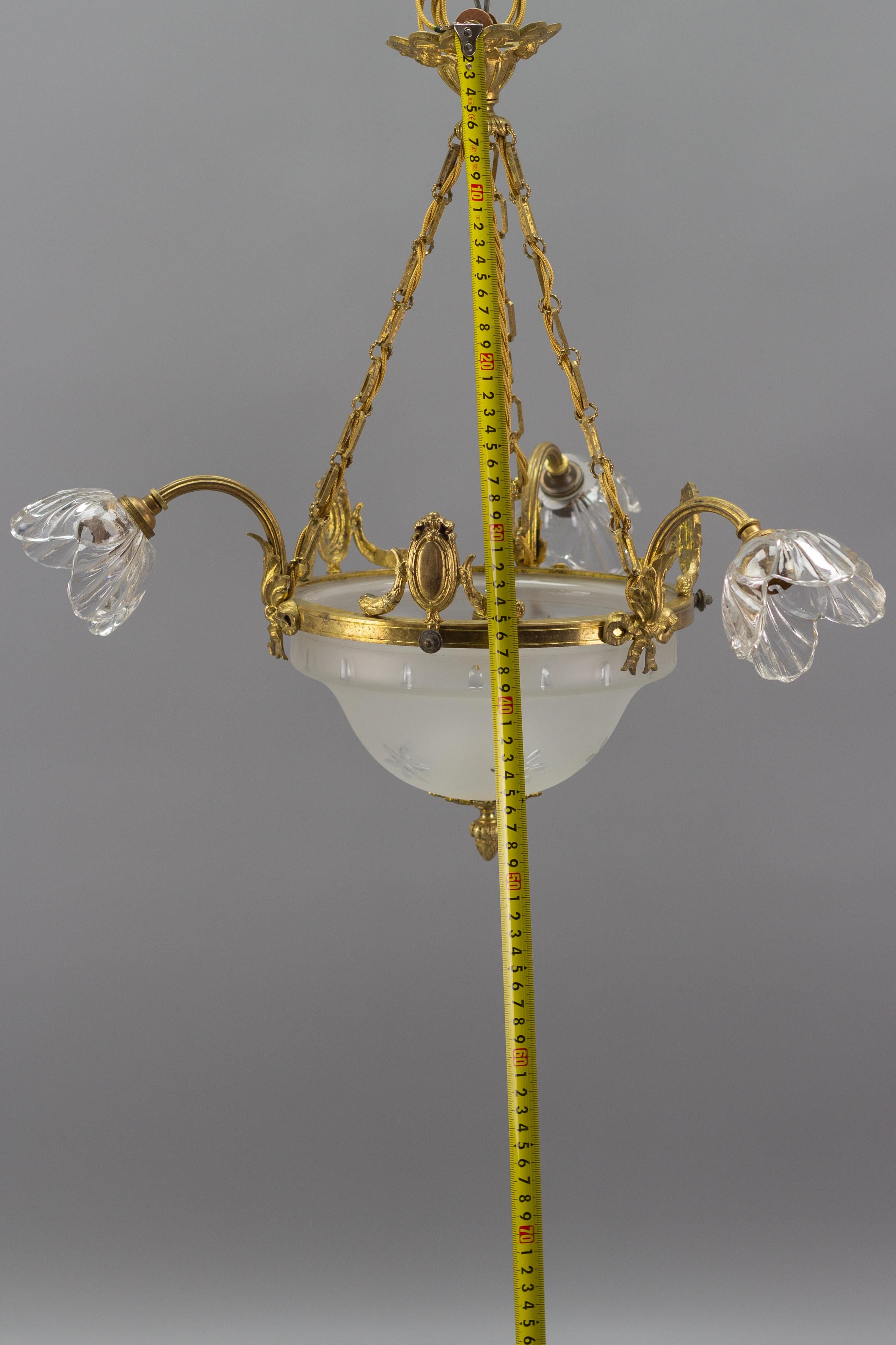 French Neoclassical Style Gilt Bronze and Glass Four-Light Chandelier For Sale 14