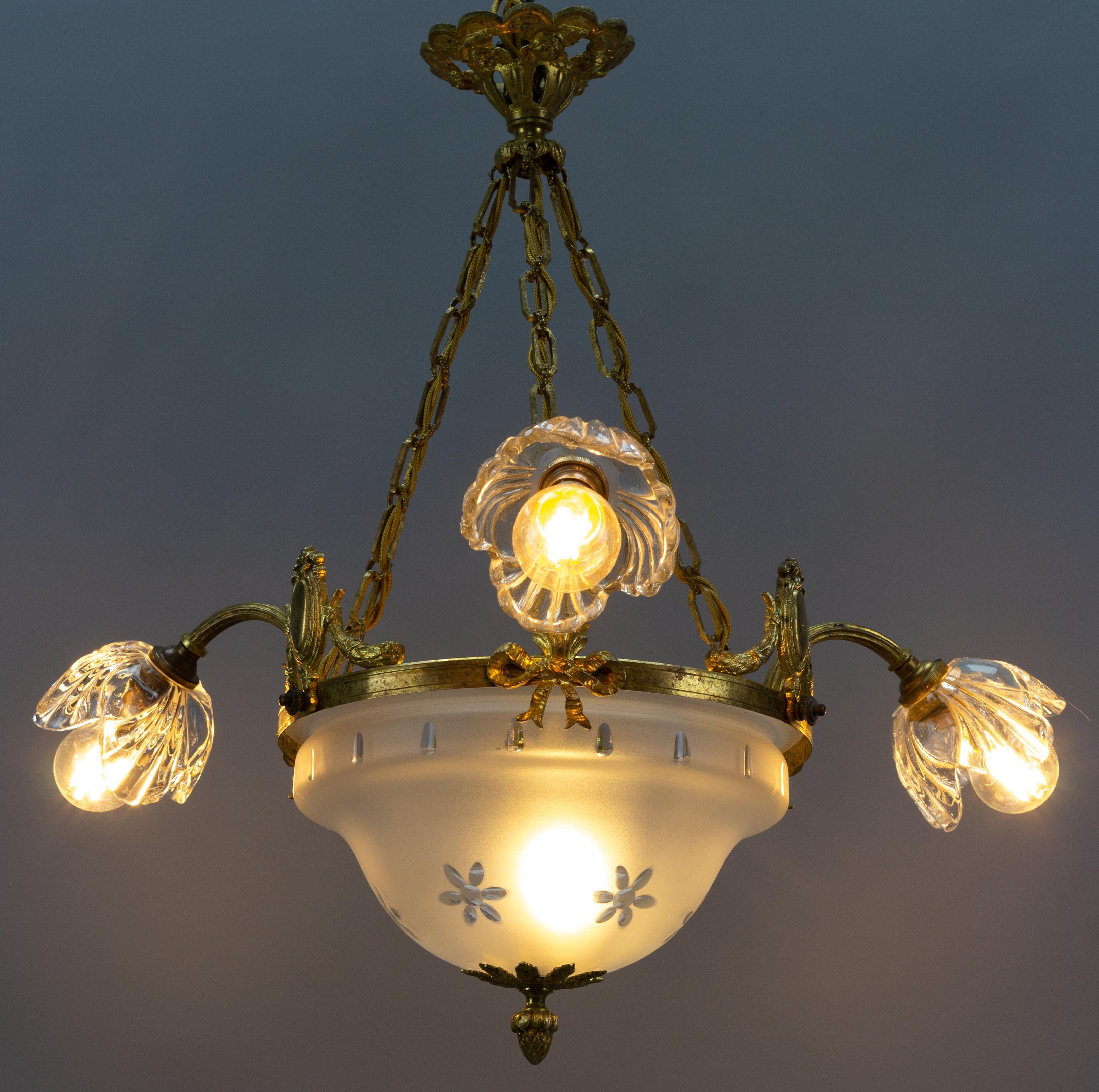 Frosted French Neoclassical Style Gilt Bronze and Glass Four-Light Chandelier For Sale