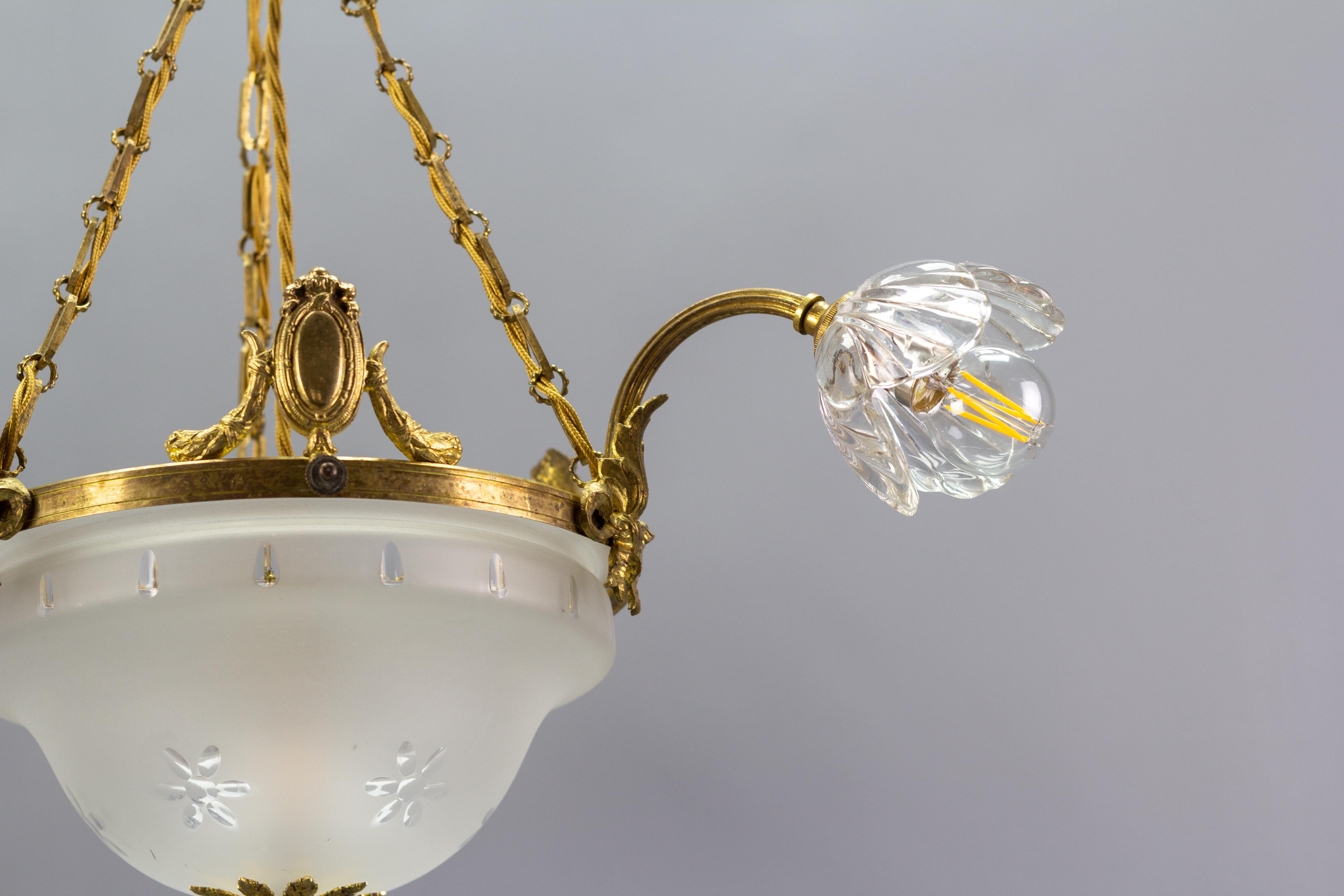 Brass French Neoclassical Style Gilt Bronze and Glass Four-Light Chandelier For Sale