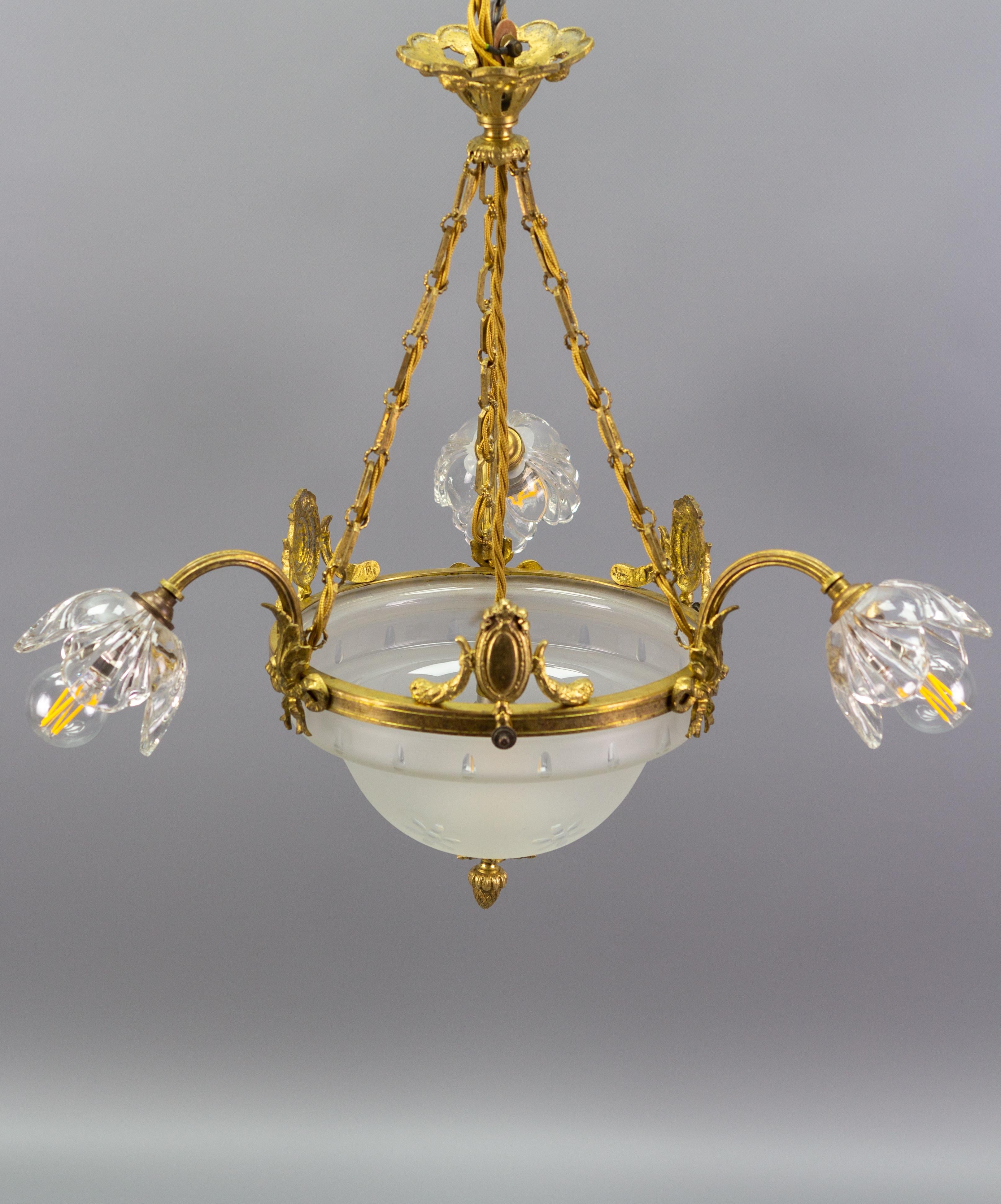 French Neoclassical Style Gilt Bronze and Glass Four-Light Chandelier For Sale 3
