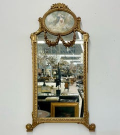 French Neoclassical Style Giltwood Wall / Console Mirror with Oval Artwork