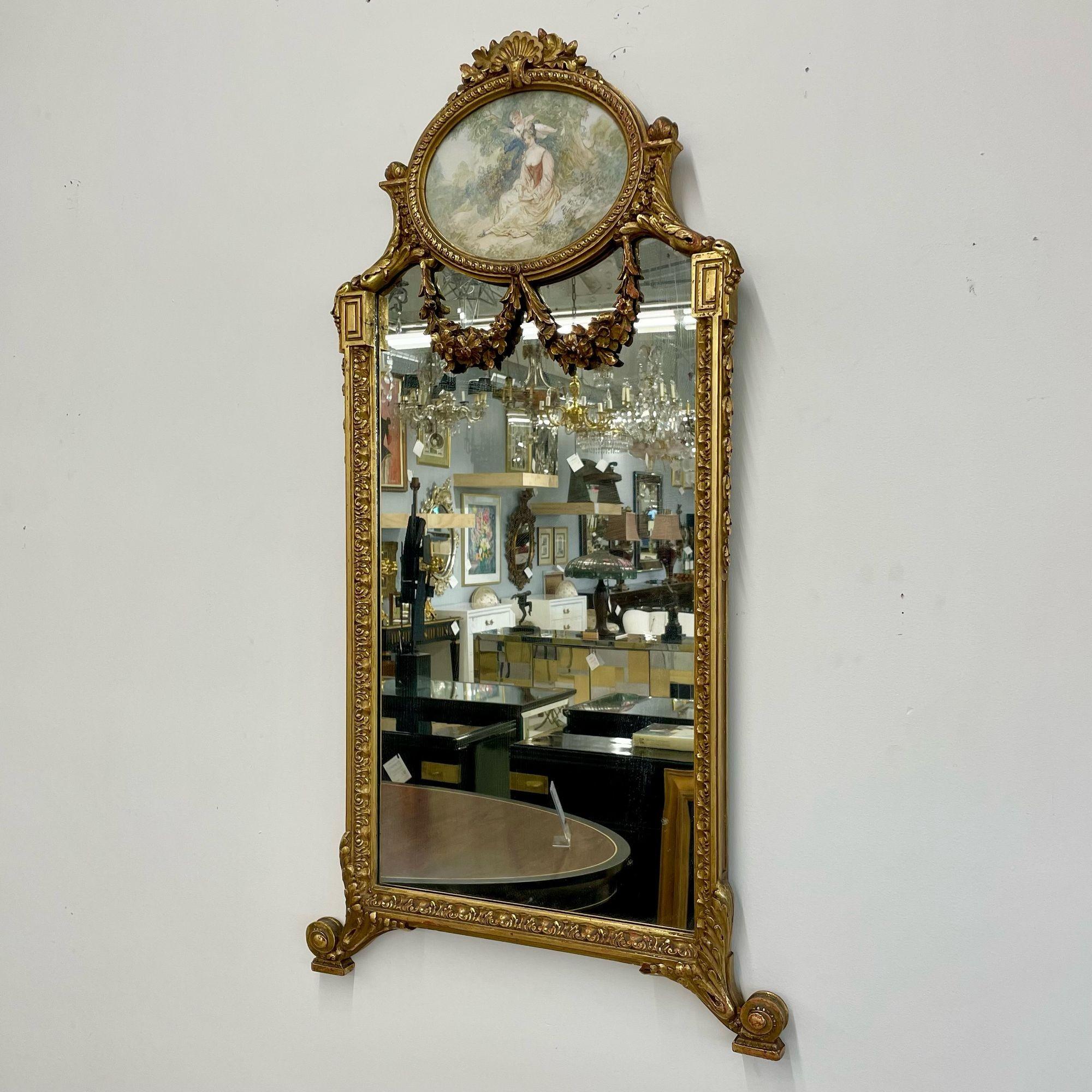 Early 20th Century French Neoclassical Style Giltwood Wall / Console Mirror with Oval Artwork For Sale
