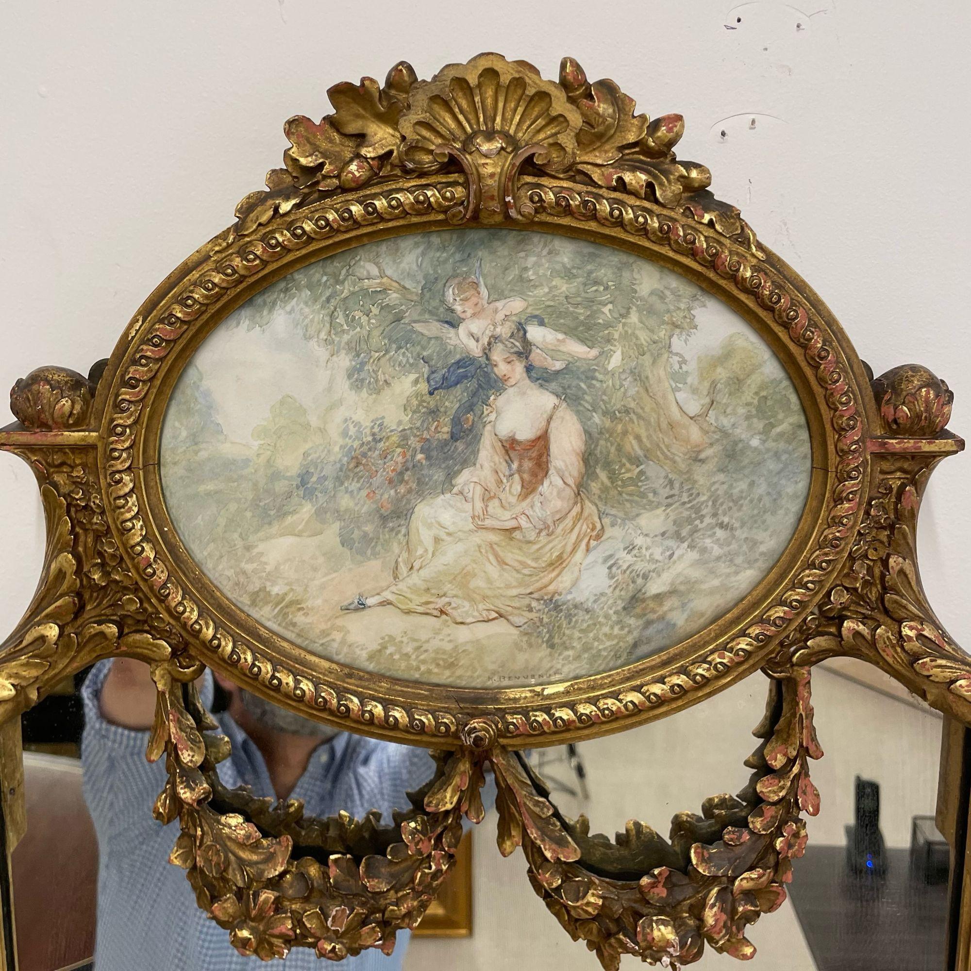Gesso French Neoclassical Style Giltwood Wall / Console Mirror with Oval Artwork For Sale