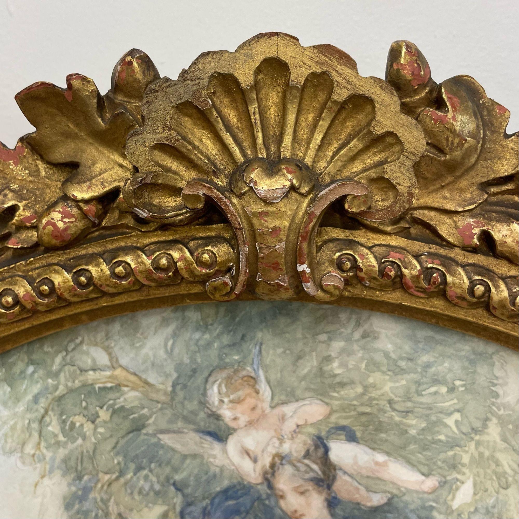 Gesso Miroir mural/console en bois doré de style néoclassique français avec œuvre d'art ovale en vente