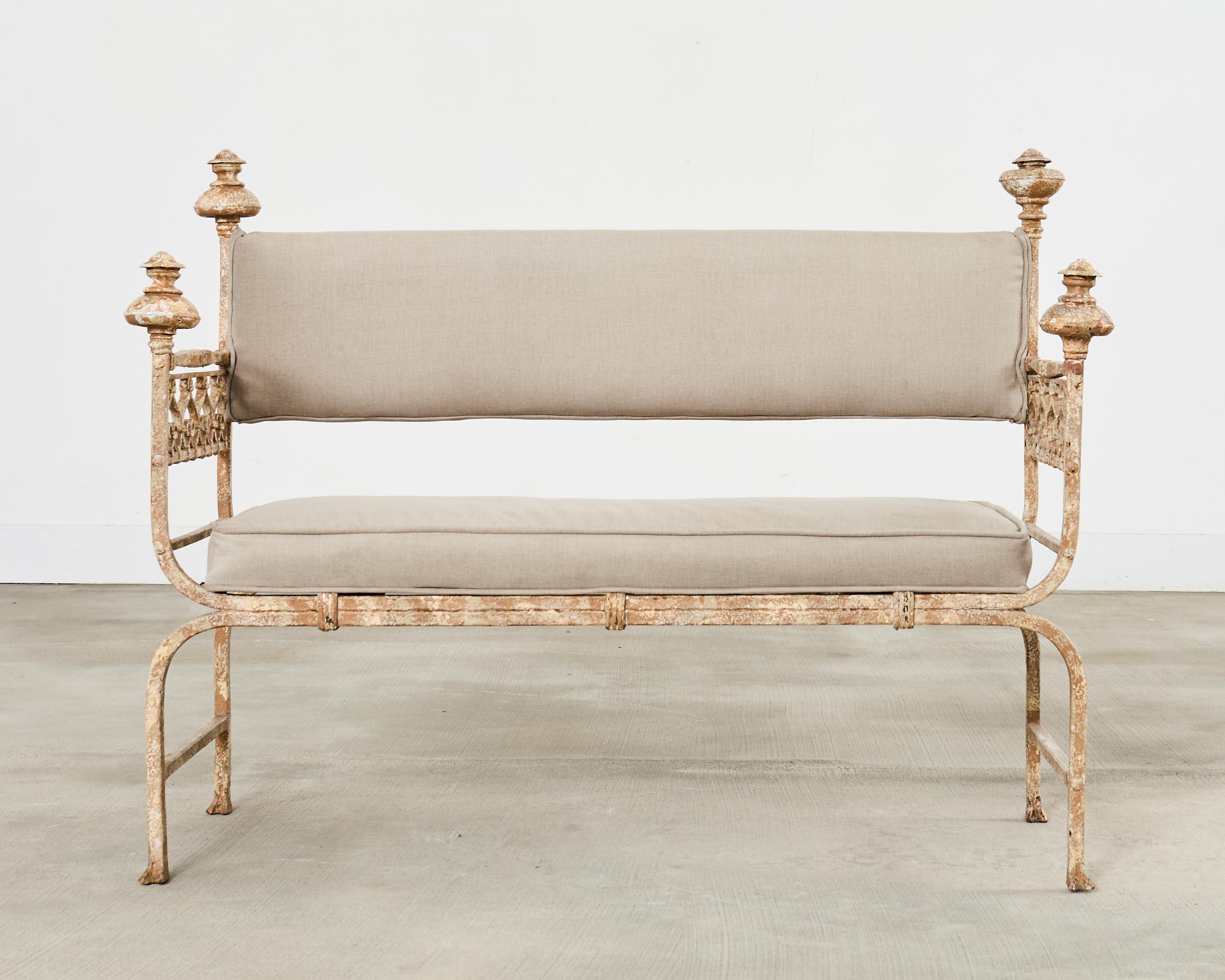 French Neoclassical Style Iron Curule Bench with Mace Finials In Distressed Condition For Sale In Rio Vista, CA