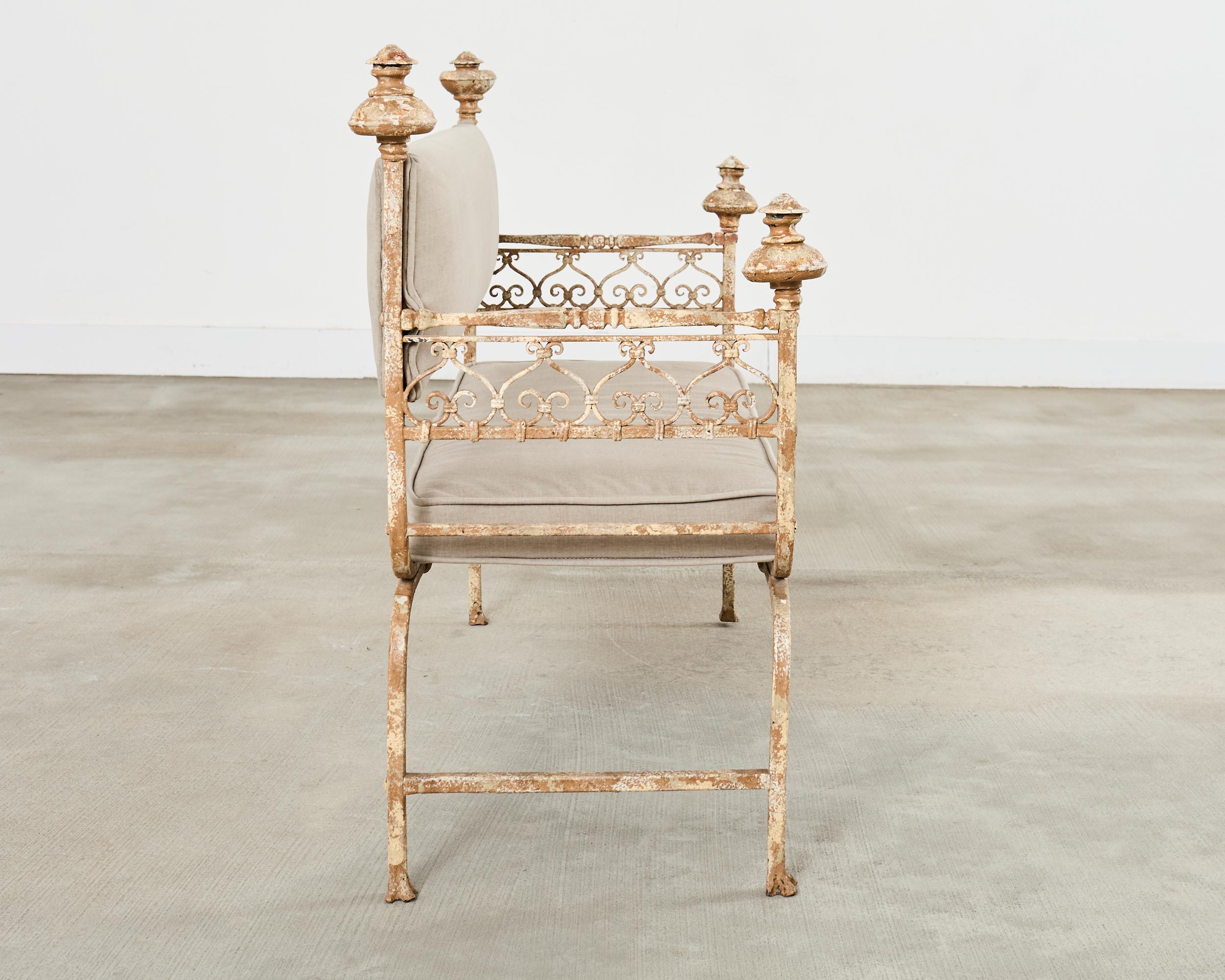 20th Century French Neoclassical Style Iron Curule Bench with Mace Finials For Sale
