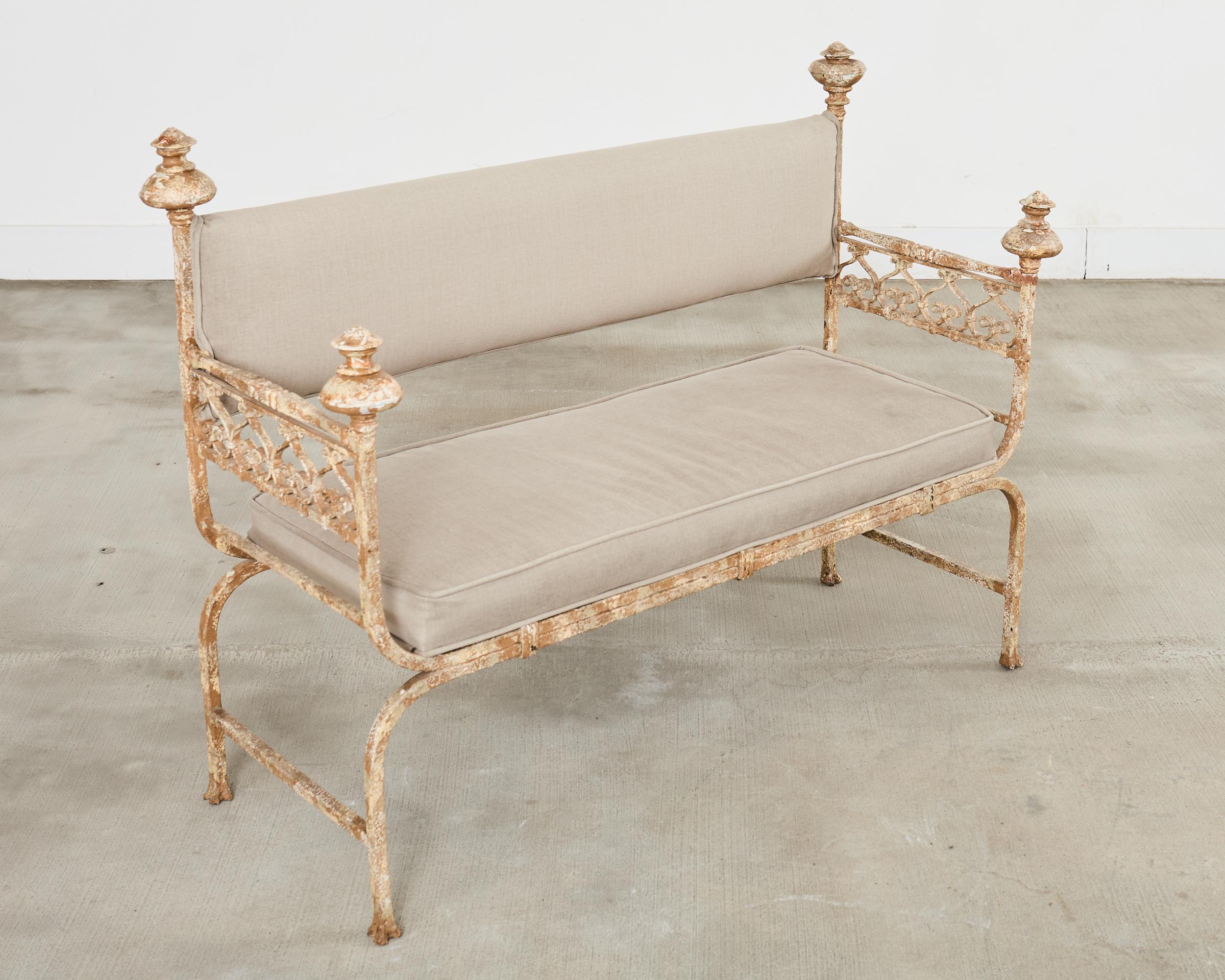 Fabric French Neoclassical Style Iron Curule Bench with Mace Finials For Sale