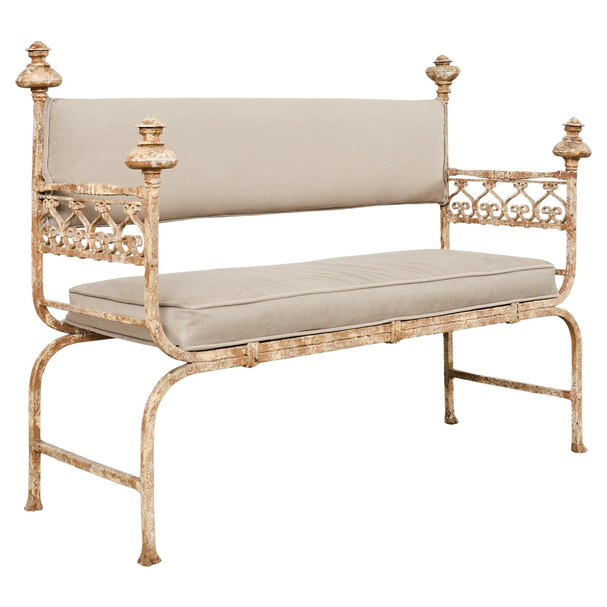 French Neoclassical Style Iron Curule Bench with Mace Finials For Sale