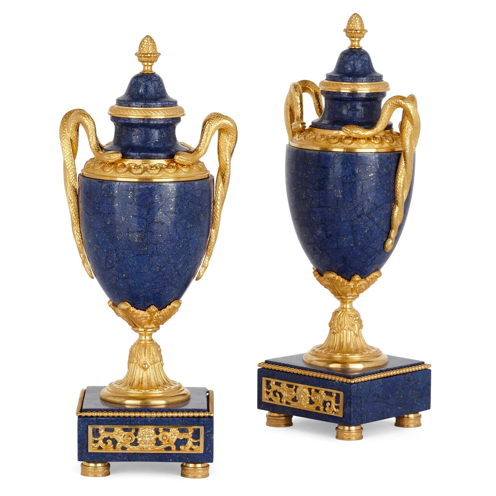 Lapis Lazuli French Neoclassical Style Lapis and Gilt Bronze Clock Set For Sale