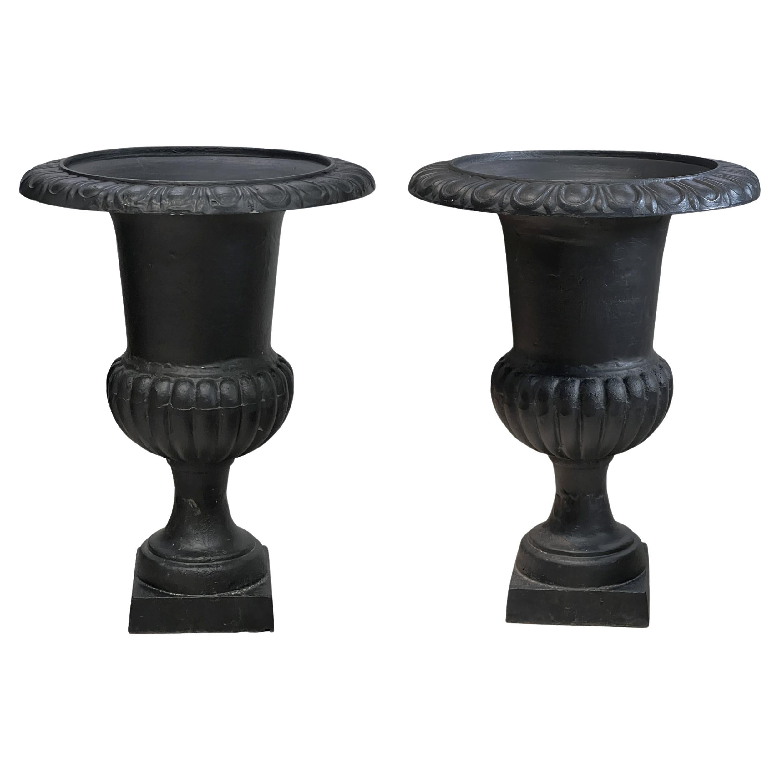 French Neoclassical-Style Large Cast Iron Garden Urns or Planters, Set of 2 For Sale