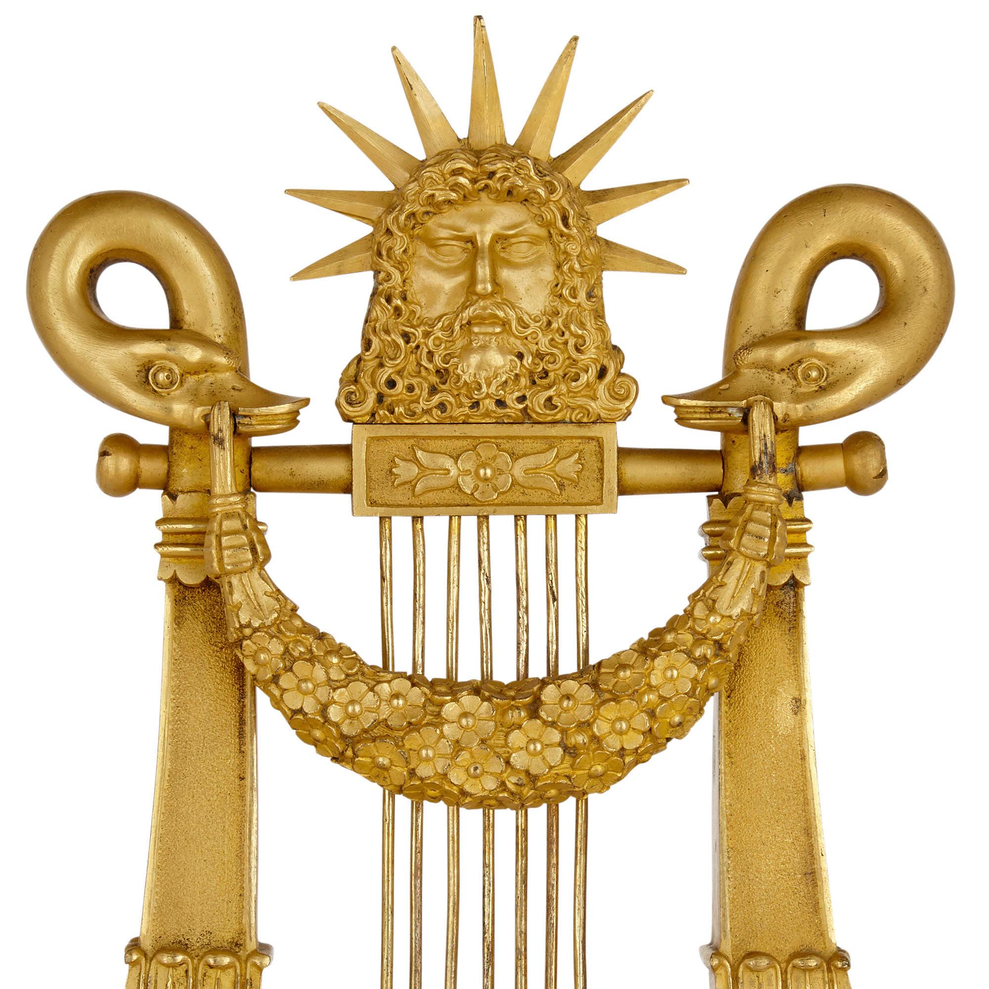 Louis XVI French Neoclassical Style Lyre-Form Gilt Bronze Clock For Sale