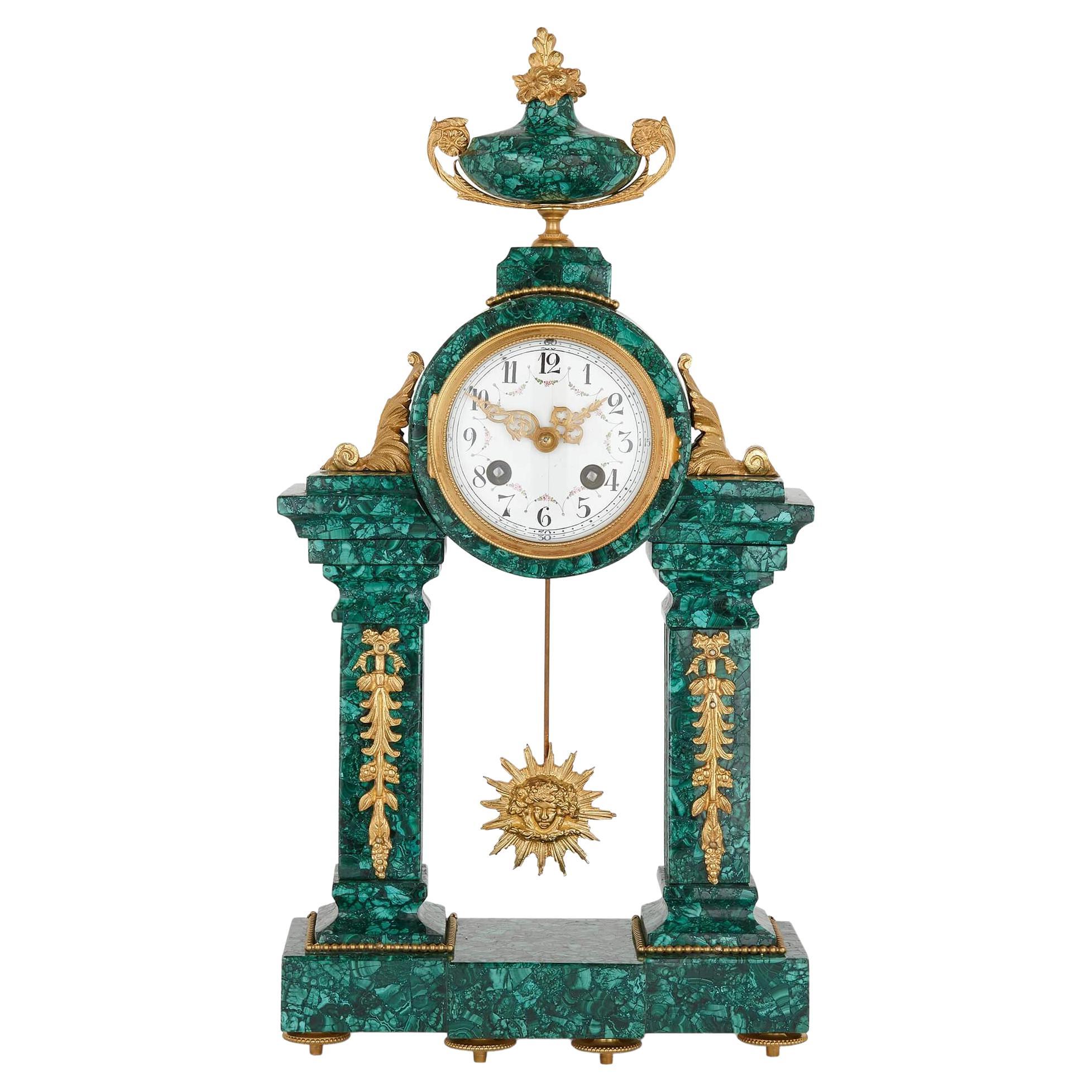 French Neoclassical Style Malachite and Gilt Bronze Mantel Clock