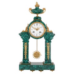 Antique French Neoclassical Style Malachite and Gilt Bronze Mantel Clock