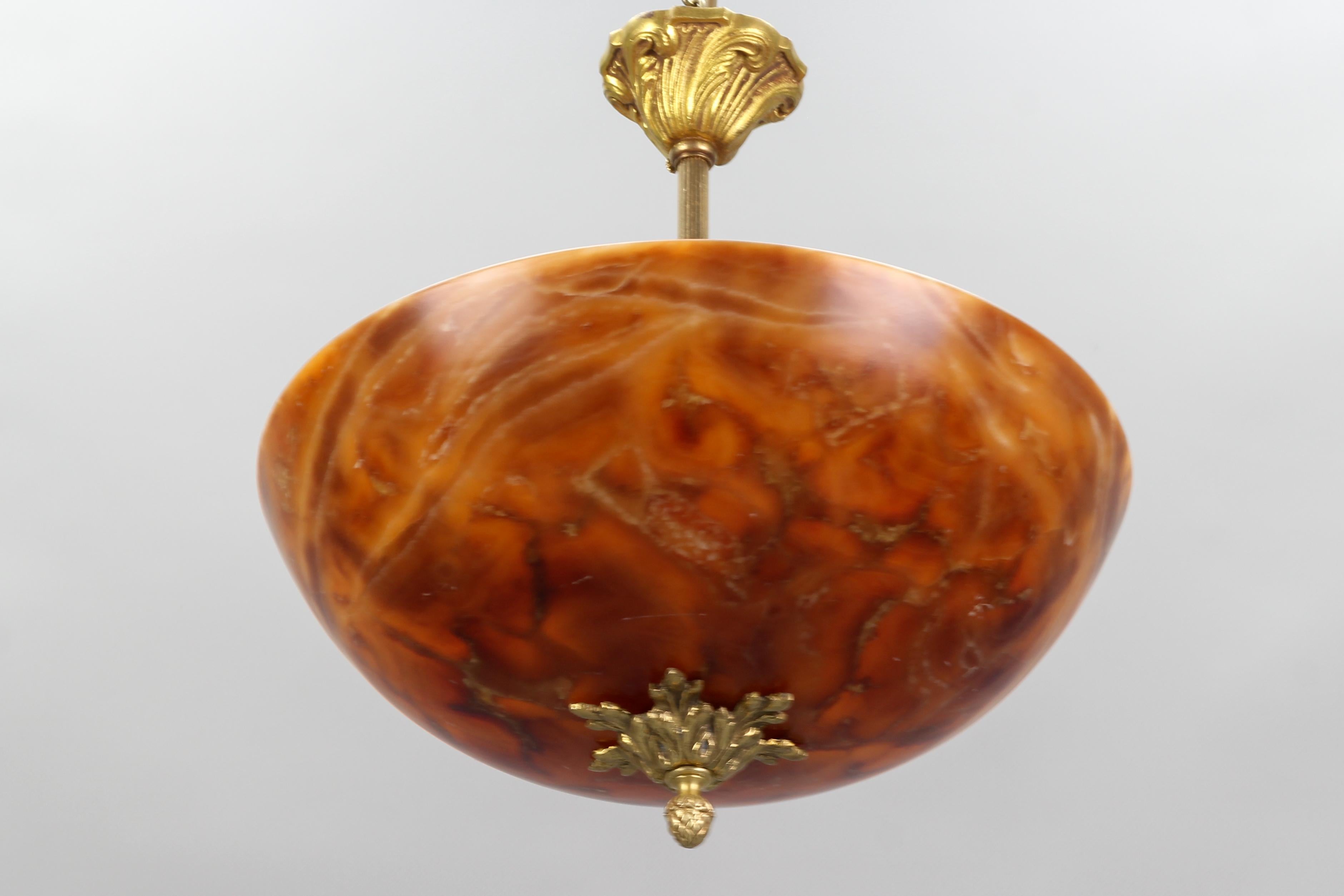 French Neoclassical Style Orange and Red Alabaster and Bronze Pendant Light 5