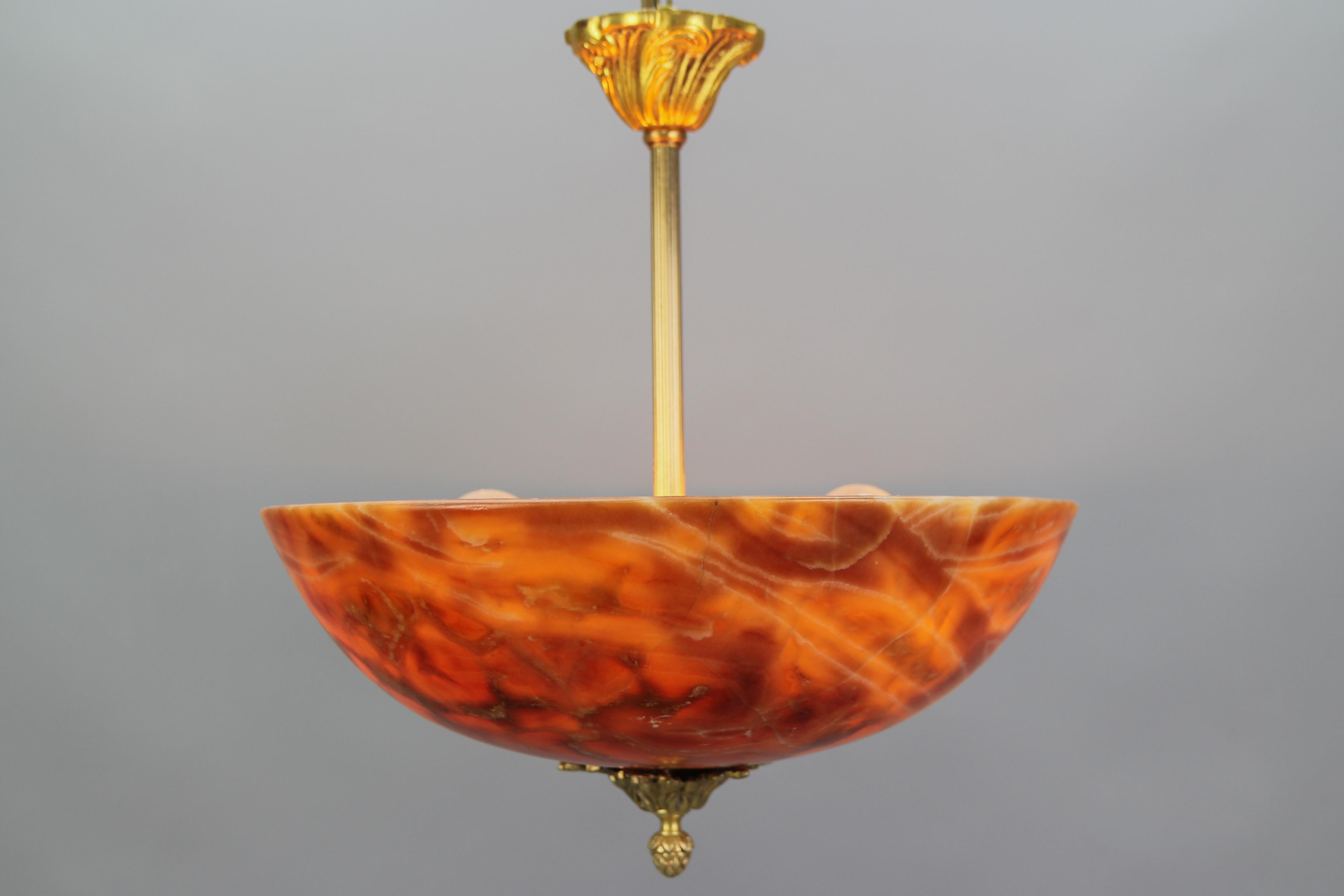 French Neoclassical Style Orange and Red Alabaster and Bronze Pendant Light 13