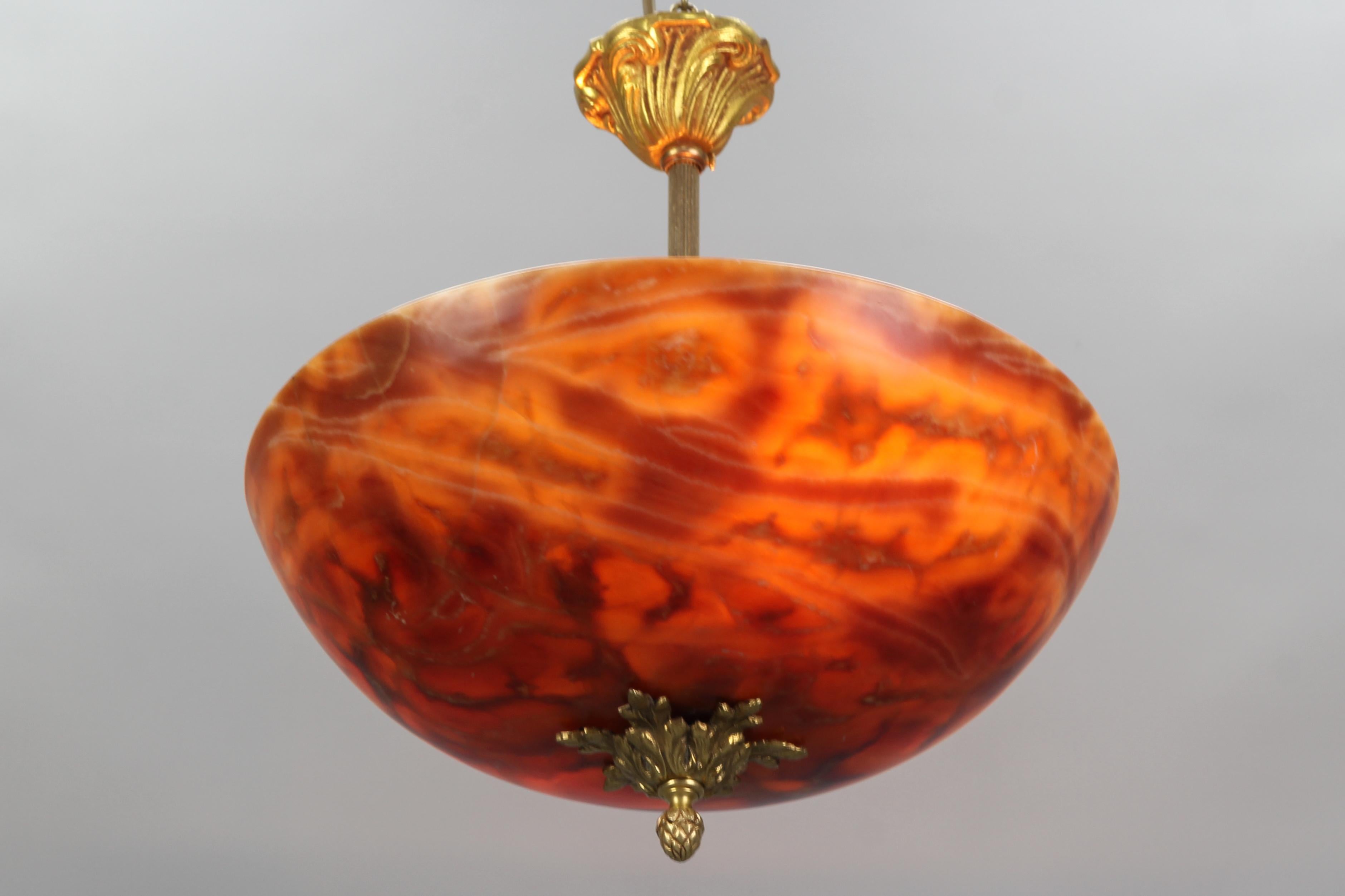 French Neoclassical Style Orange and Red Alabaster and Bronze Pendant Light 14
