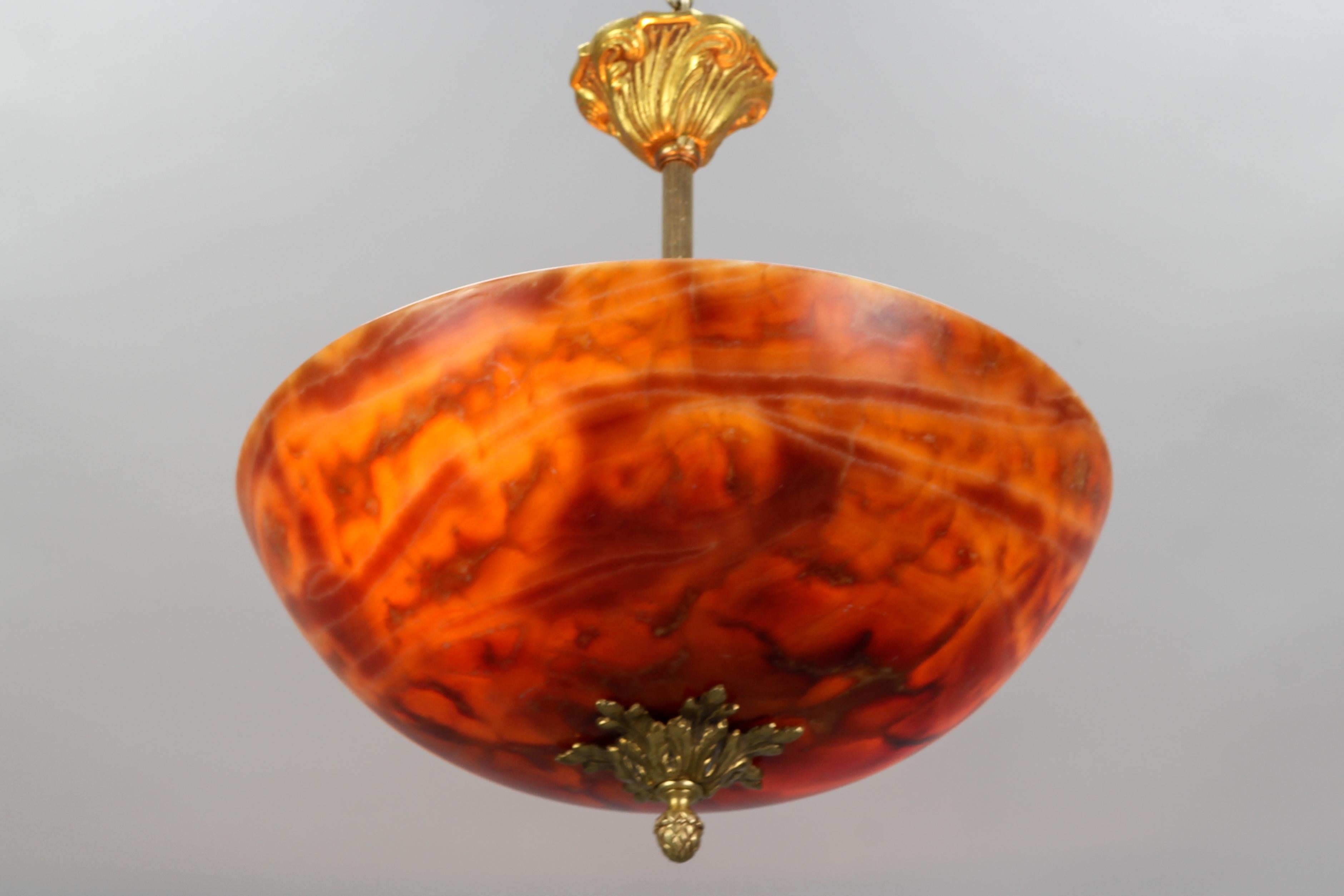 French Neoclassical Style Orange and Red Alabaster and Bronze Pendant Light 15