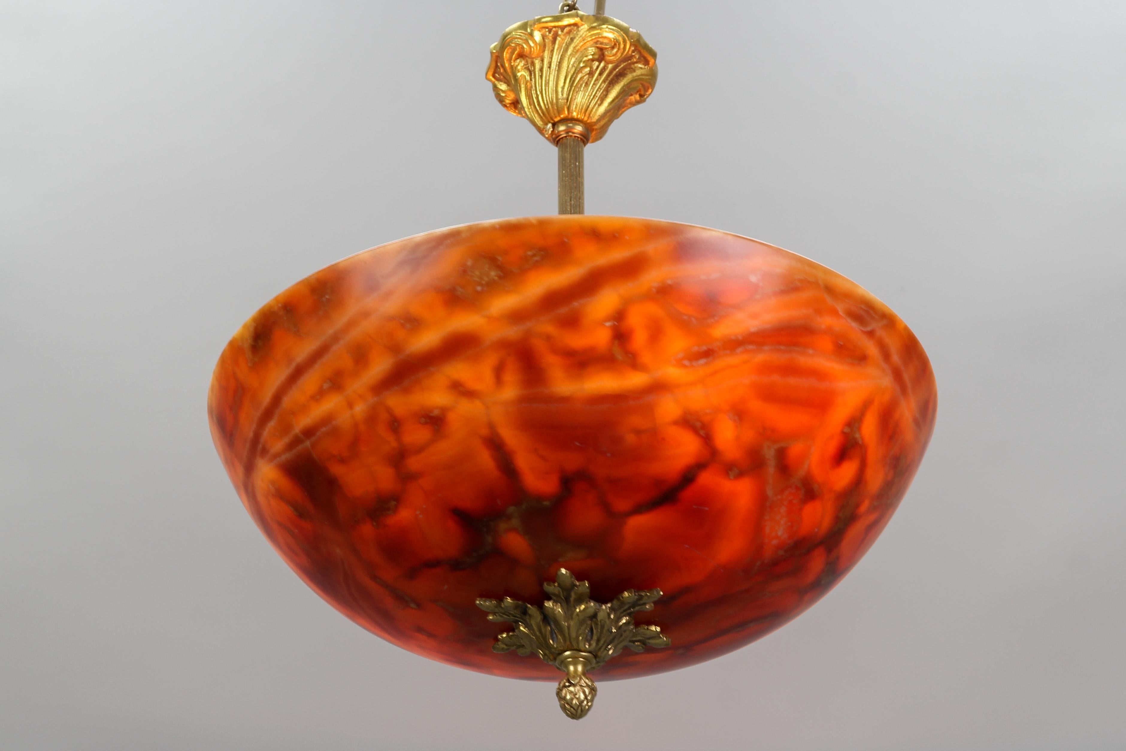 Mid-20th Century French Neoclassical Style Orange and Red Alabaster and Bronze Pendant Light