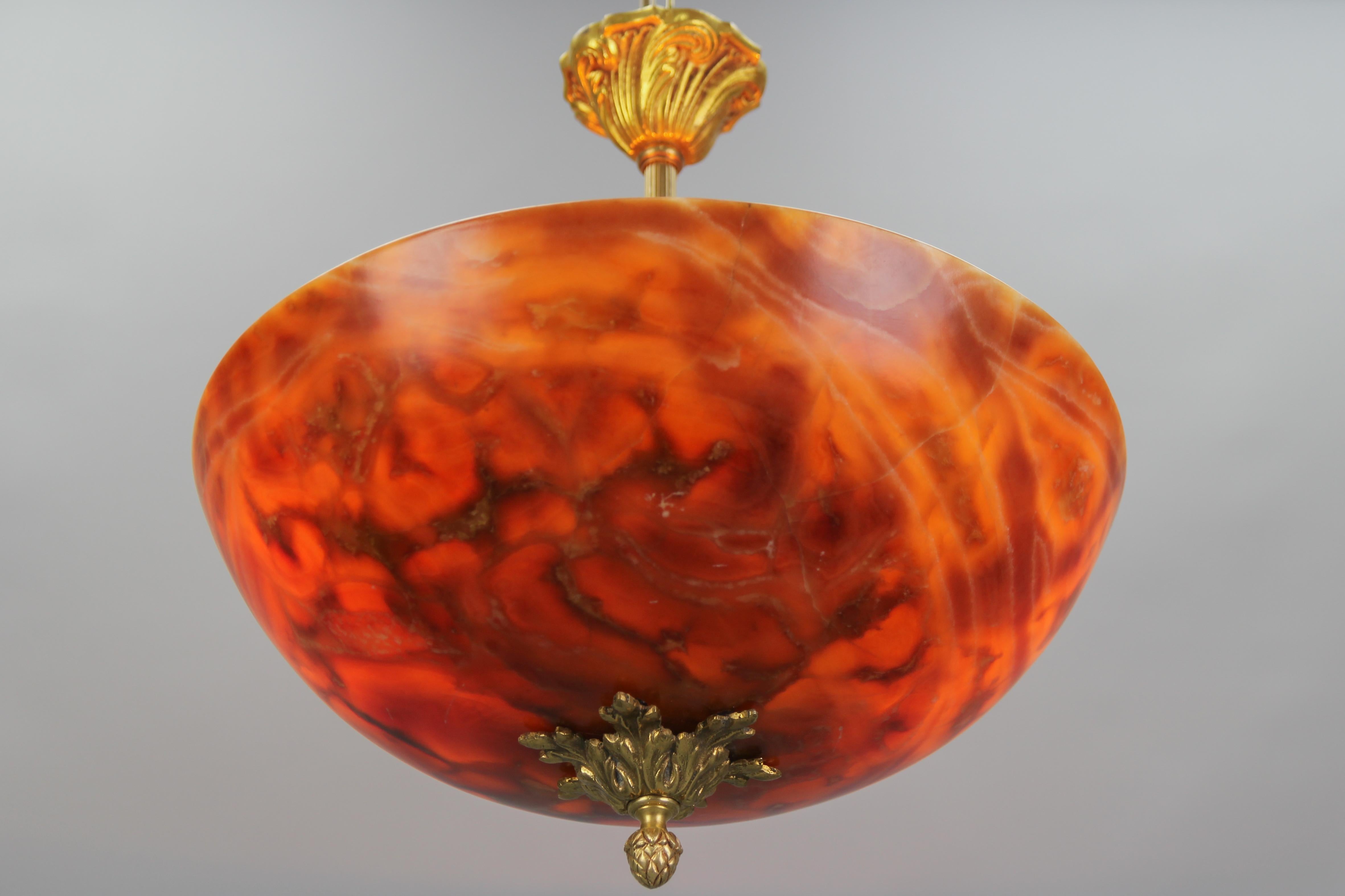 Brass French Neoclassical Style Orange and Red Alabaster and Bronze Pendant Light