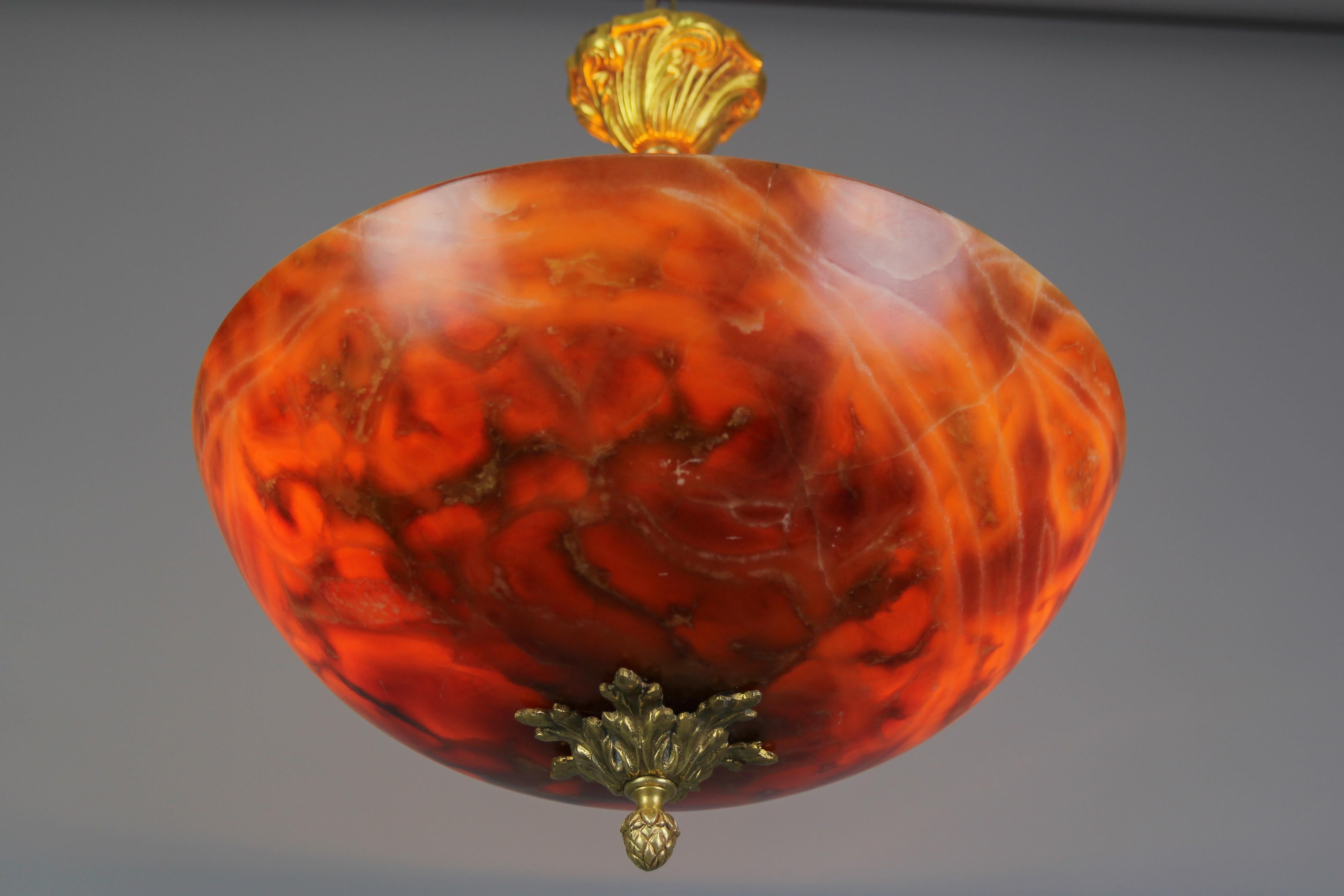 French Neoclassical Style Orange and Red Alabaster and Bronze Pendant Light 2