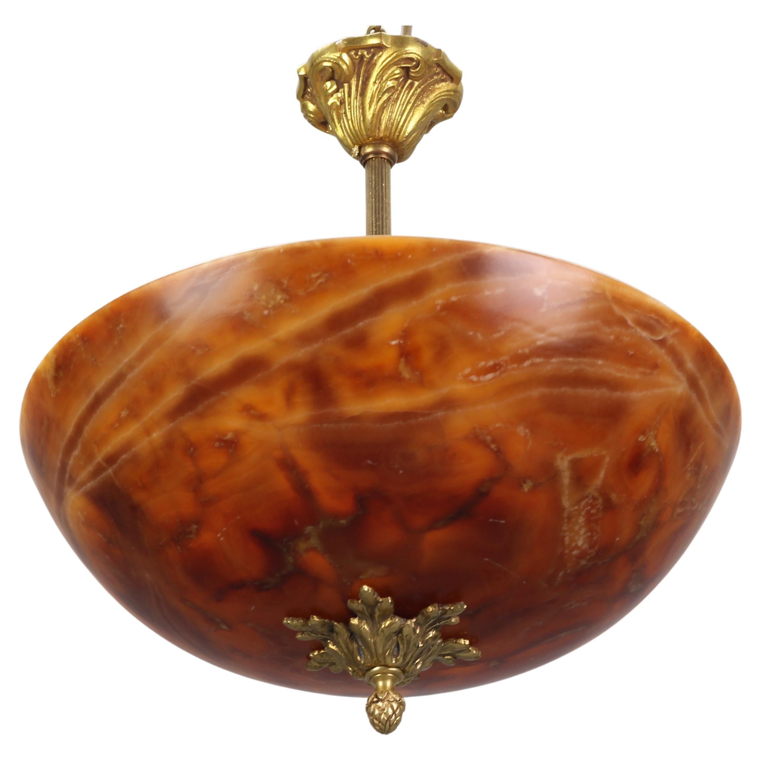 French Neoclassical Style Orange and Red Alabaster and Bronze Pendant Light