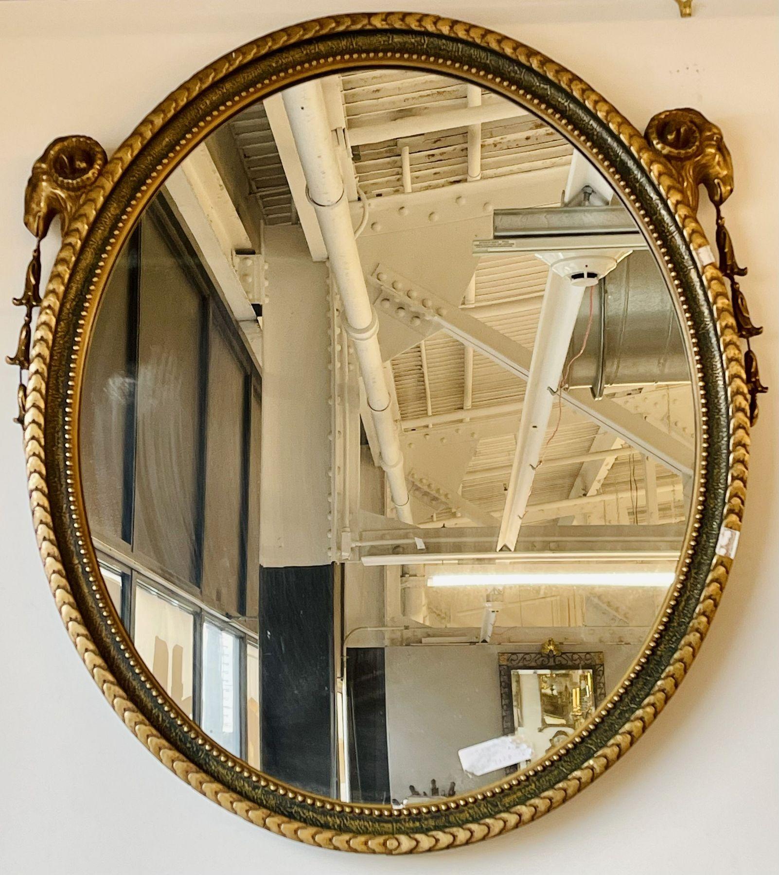 Wood French Neoclassical Style Oval Mirror With Rams Head Design Paint And Gilded