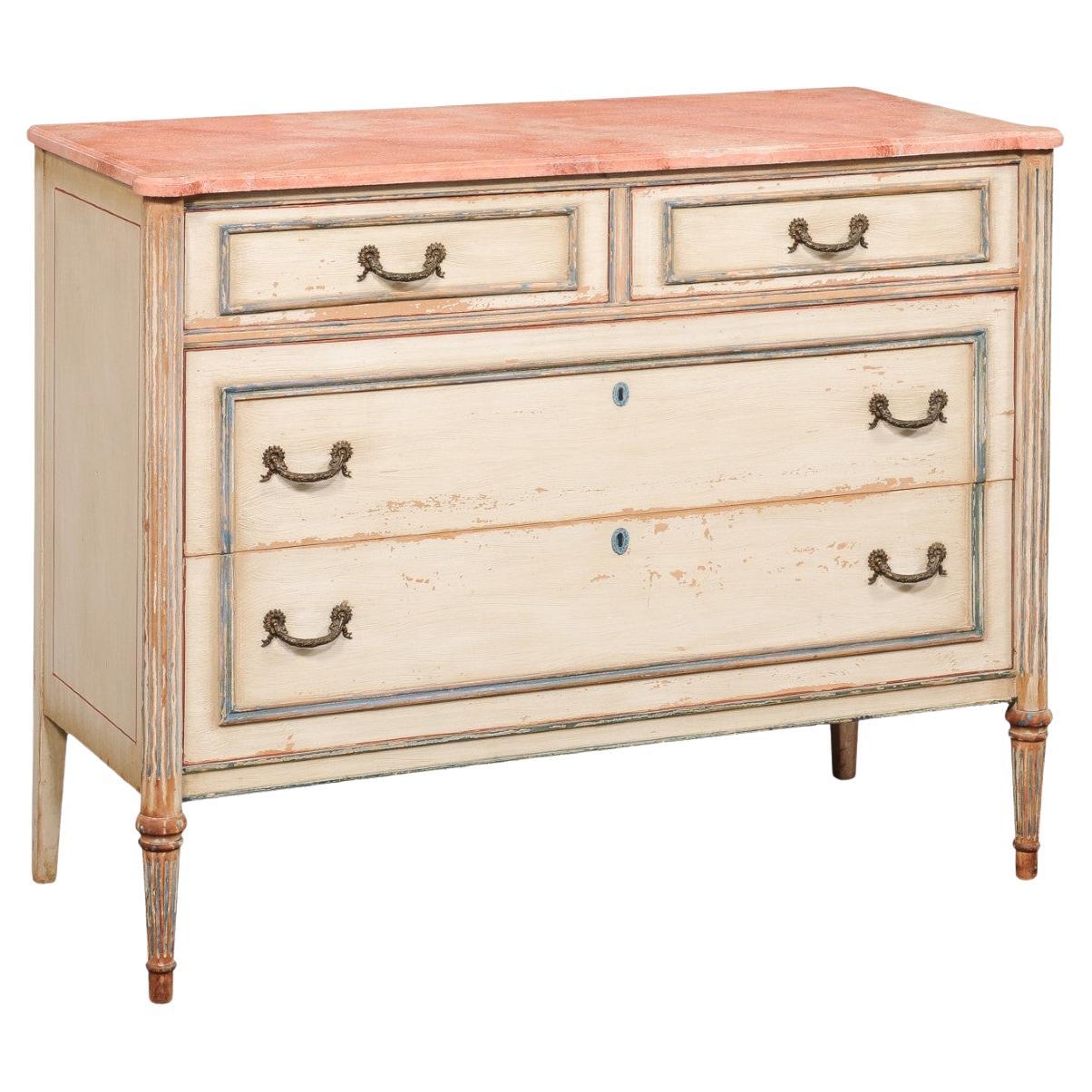 French Neoclassical Style Painted Wood Chest w/ Faux Marble Top