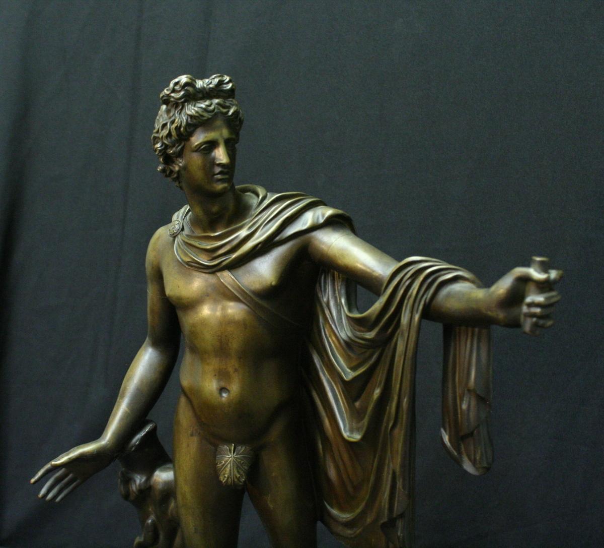 French patinated bronze figure of Apollo belvedere with in classical robes walking near a tree stump.
Early 20th century.

The original Apollo belvedere or Apollo of the belvedere, as portrayed in the final picture above, also called the Pythian
