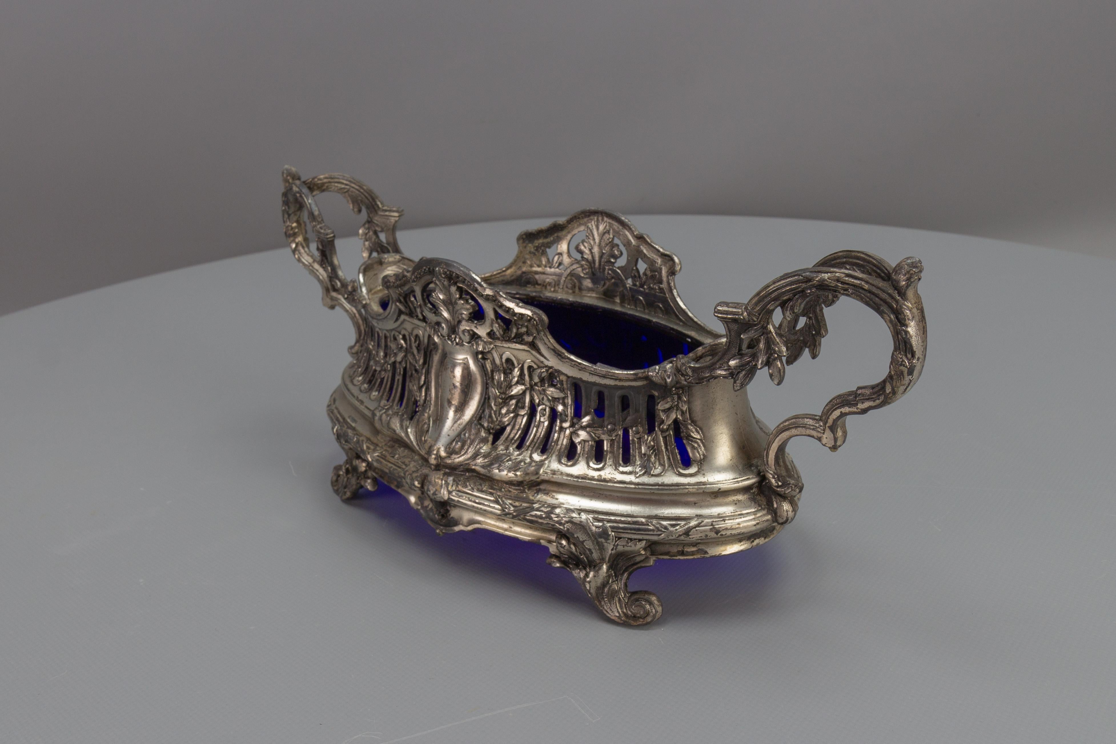 French Neoclassical Style Pewter and Indigo Blue Glass Centerpiece, Jardiniere For Sale 14