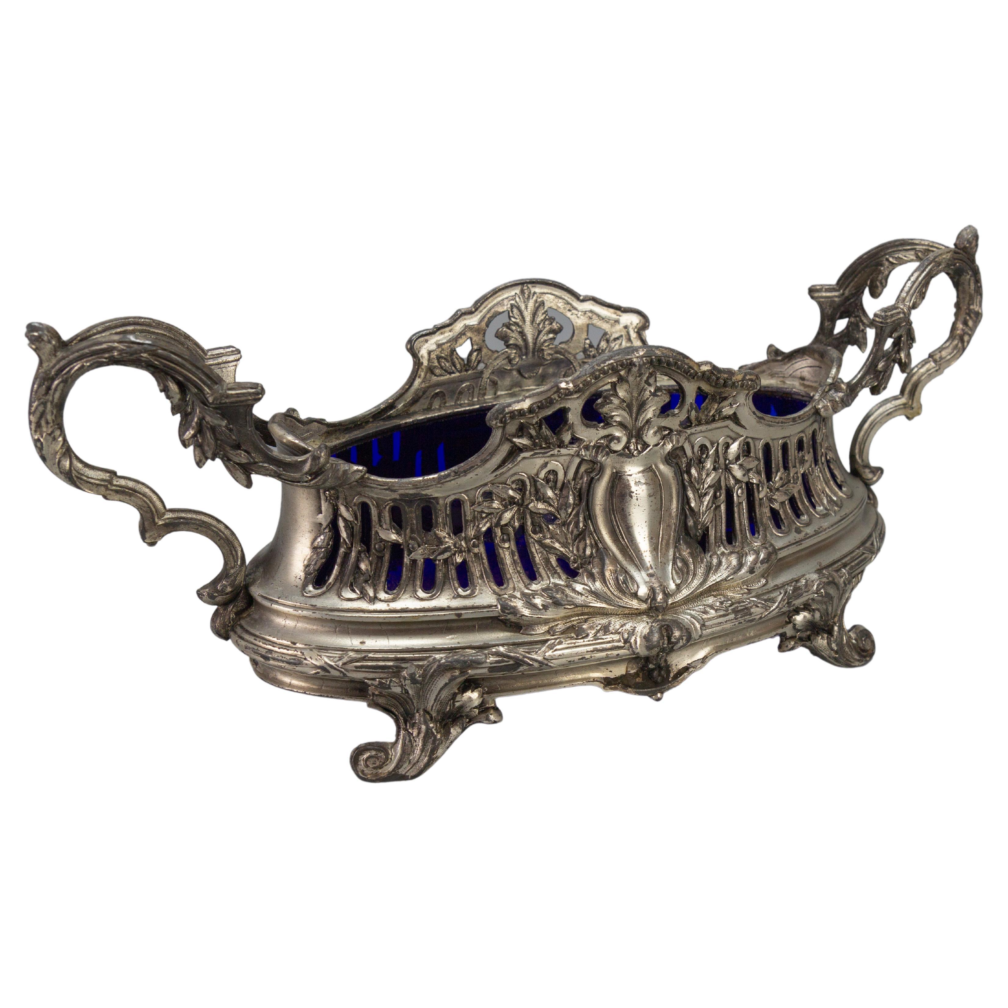 French Neoclassical Style Pewter and Indigo Blue Glass Centerpiece, Jardiniere For Sale