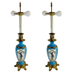 French Neoclassical Style Porcelain & Brass Converted Oil Lamp, a Pair 