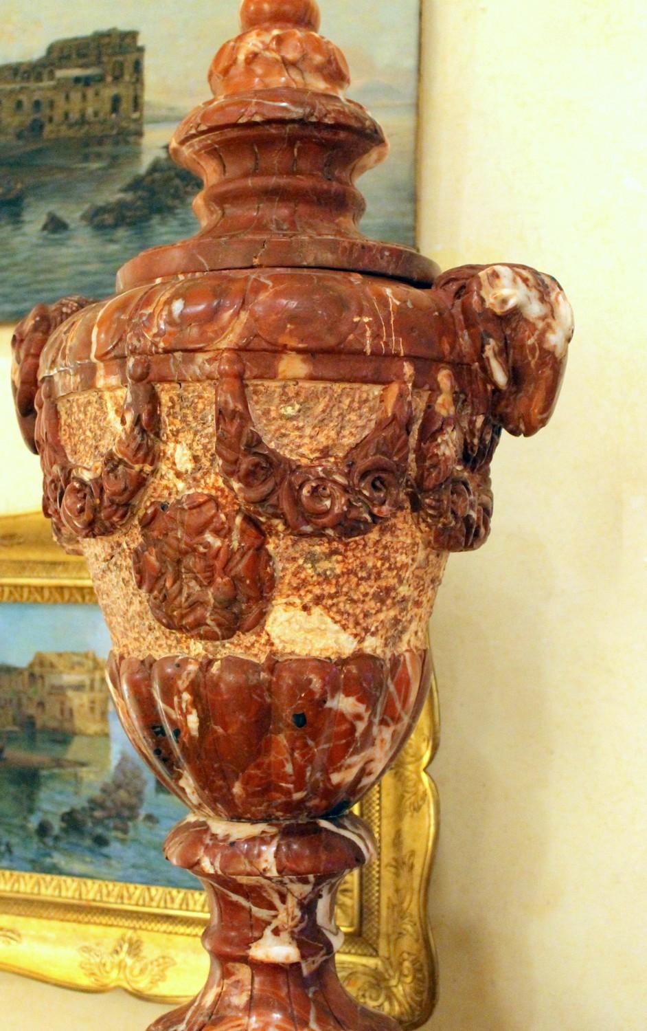 French Neoclassical Style Red Marble Lidded Vases with Rams Head on Pedestals 4