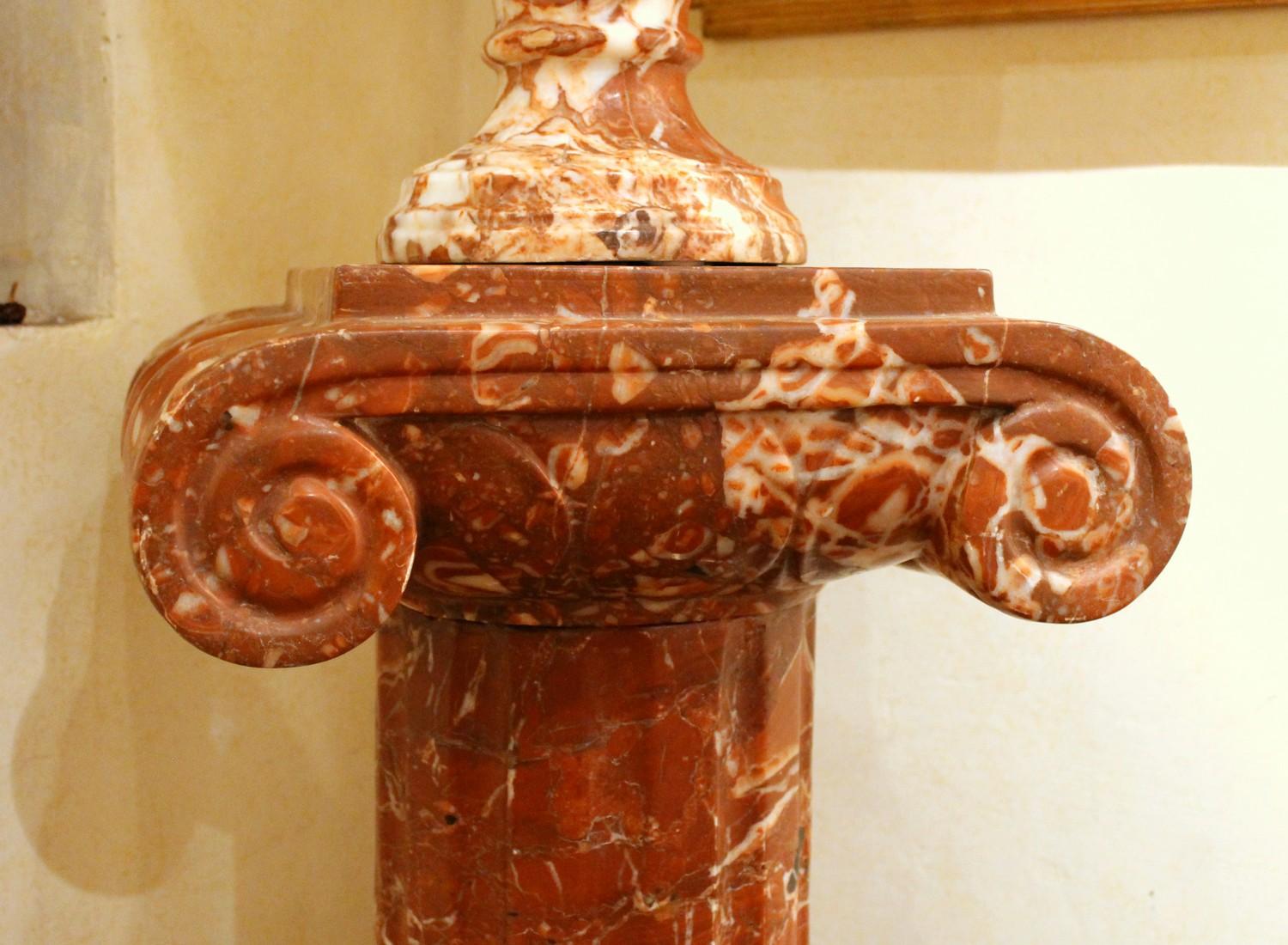 French Neoclassical Style Red Marble Lidded Vases with Rams Head on Pedestals 6