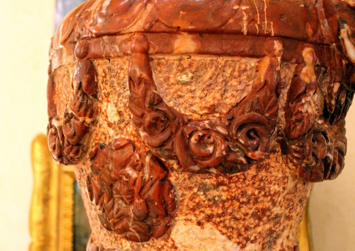 French Neoclassical Style Red Marble Lidded Vases with Rams Head on Pedestals 8