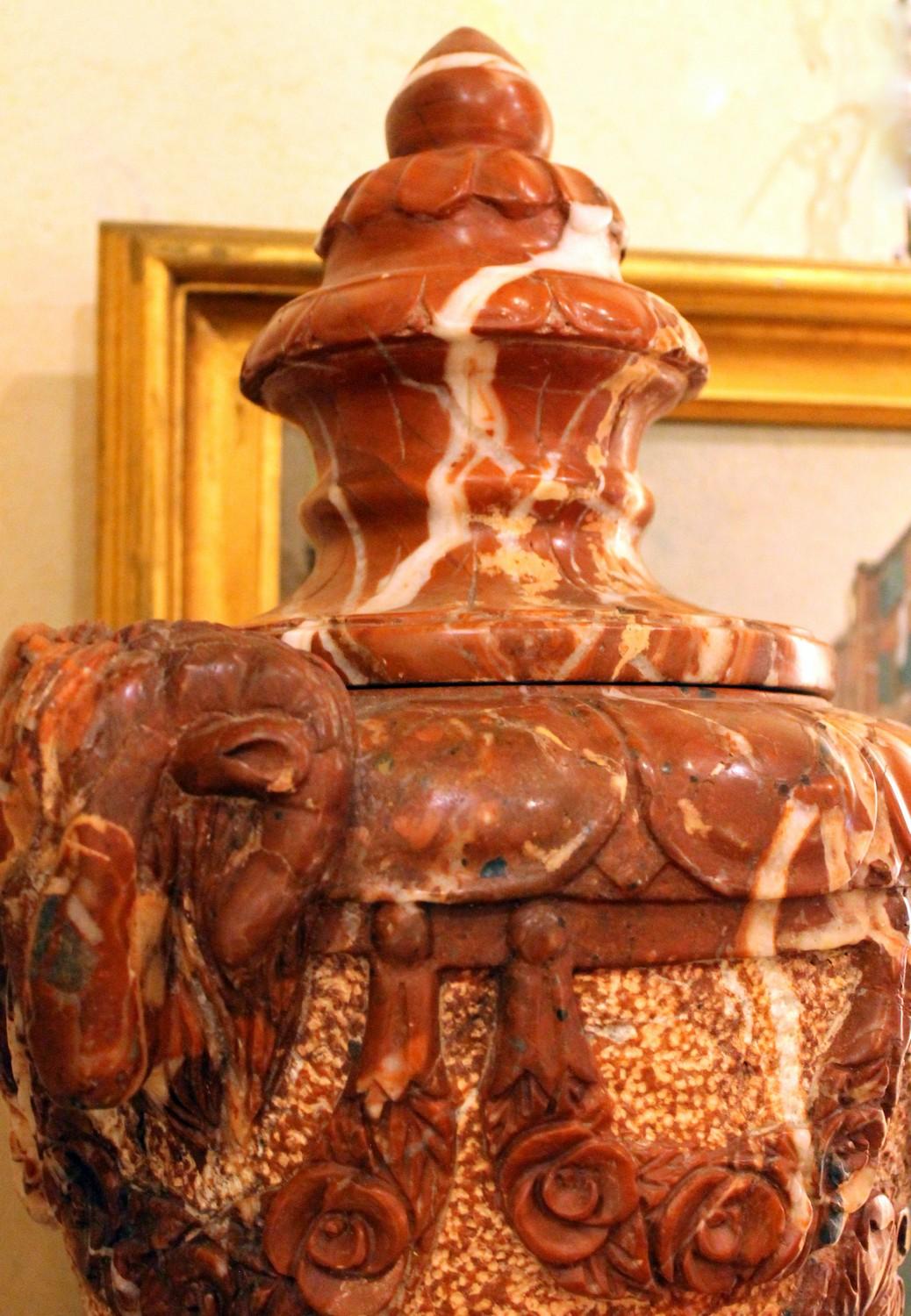 French Neoclassical Style Red Marble Lidded Vases with Rams Head on Pedestals 10
