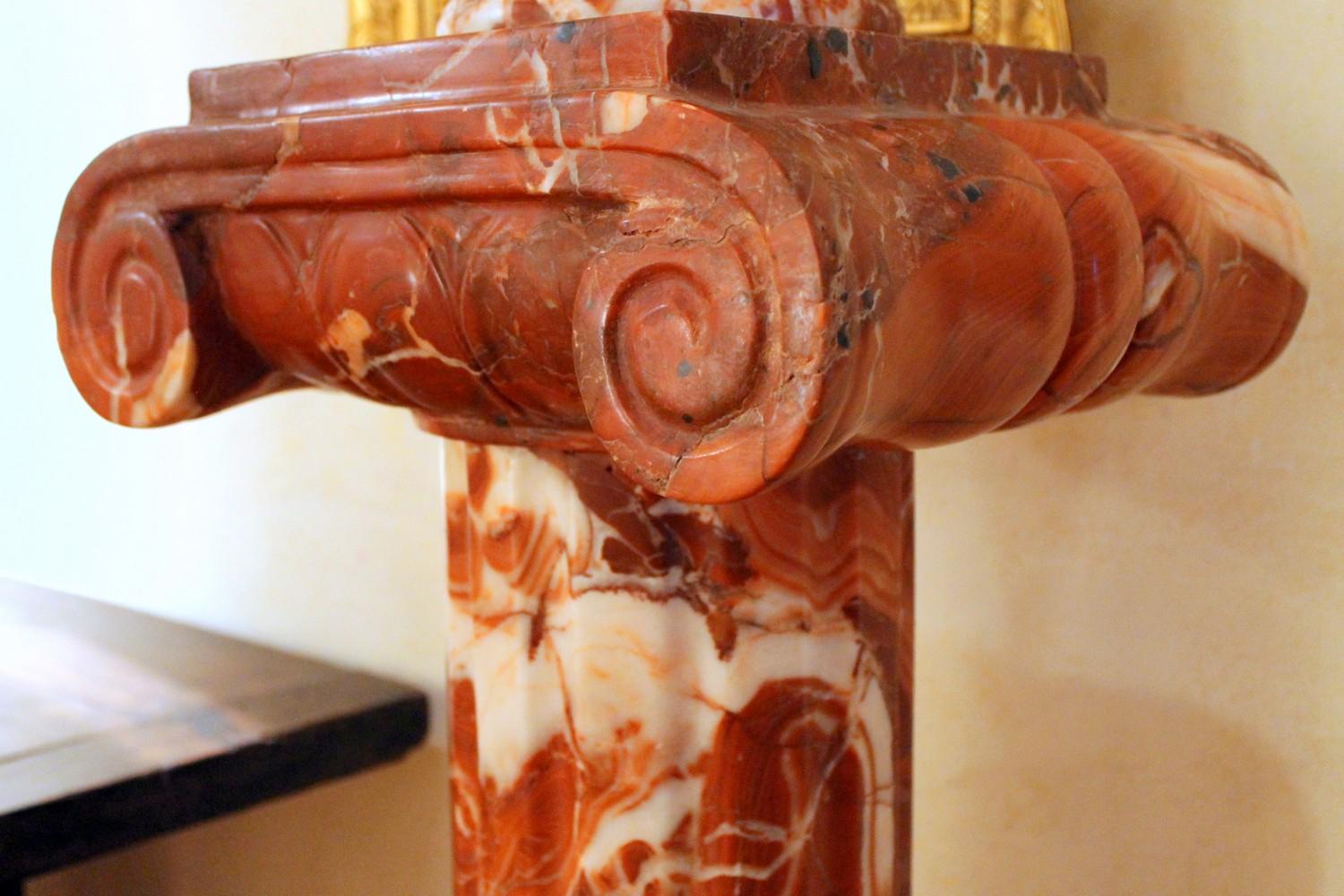 French Neoclassical Style Red Marble Lidded Vases with Rams Head on Pedestals 12