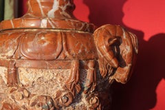French Neoclassical Style Red Marble Lidded Vases with Rams Head on Pedestals