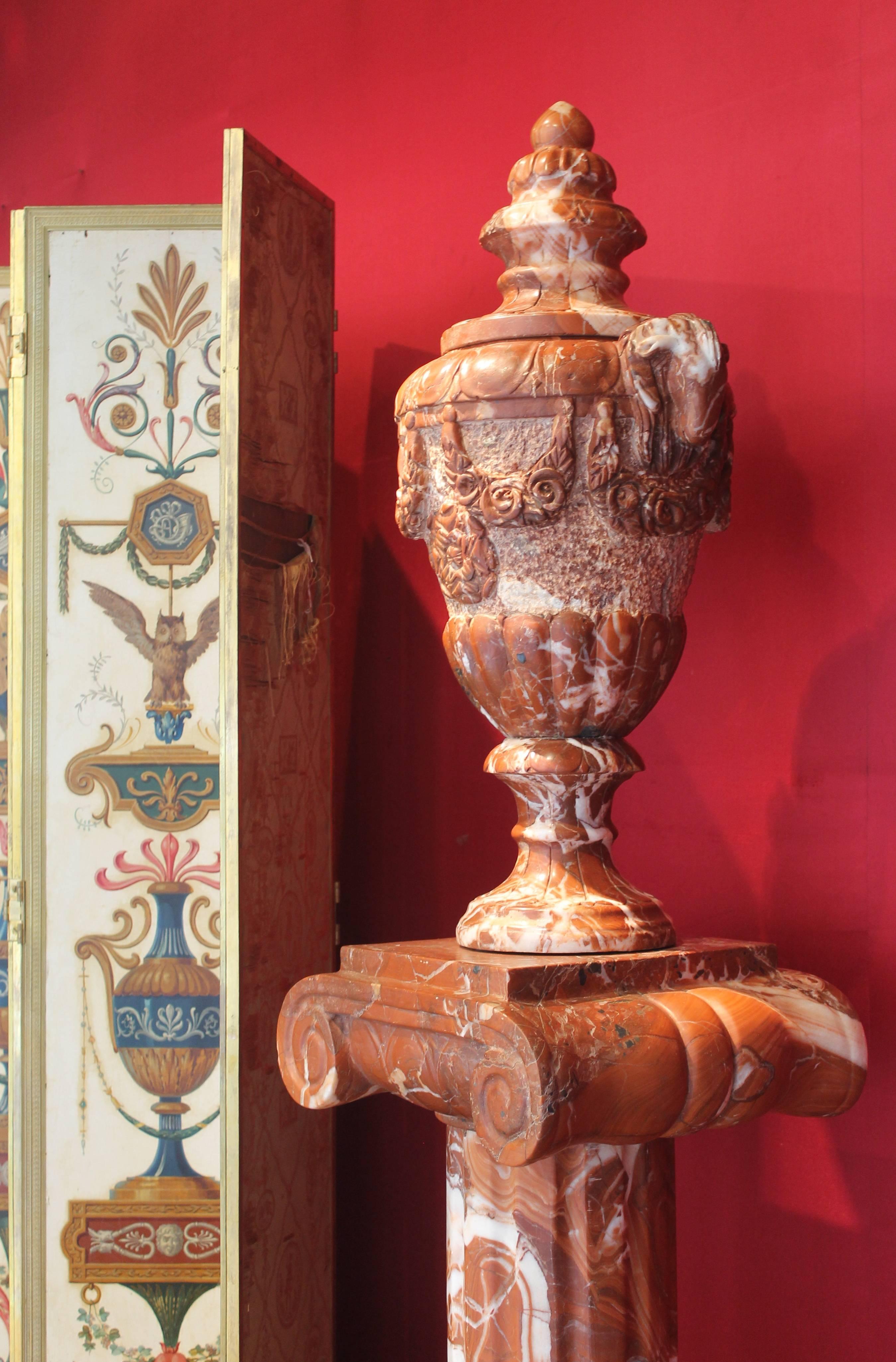 Neoclassical Revival French Neoclassical Style Red Marble Lidded Vases with Rams Head on Pedestals