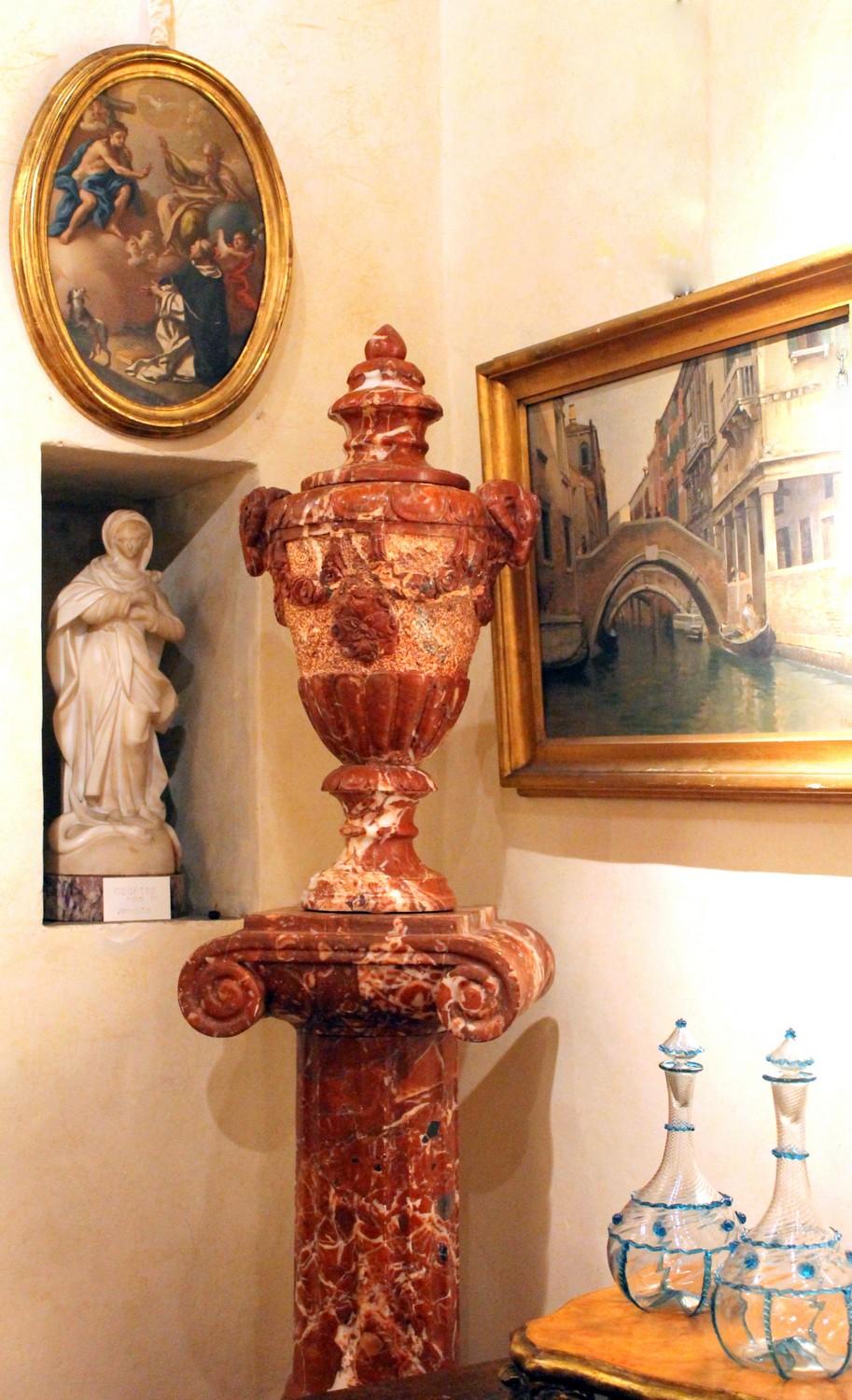 Carved French Neoclassical Style Red Marble Lidded Vases with Rams Head on Pedestals