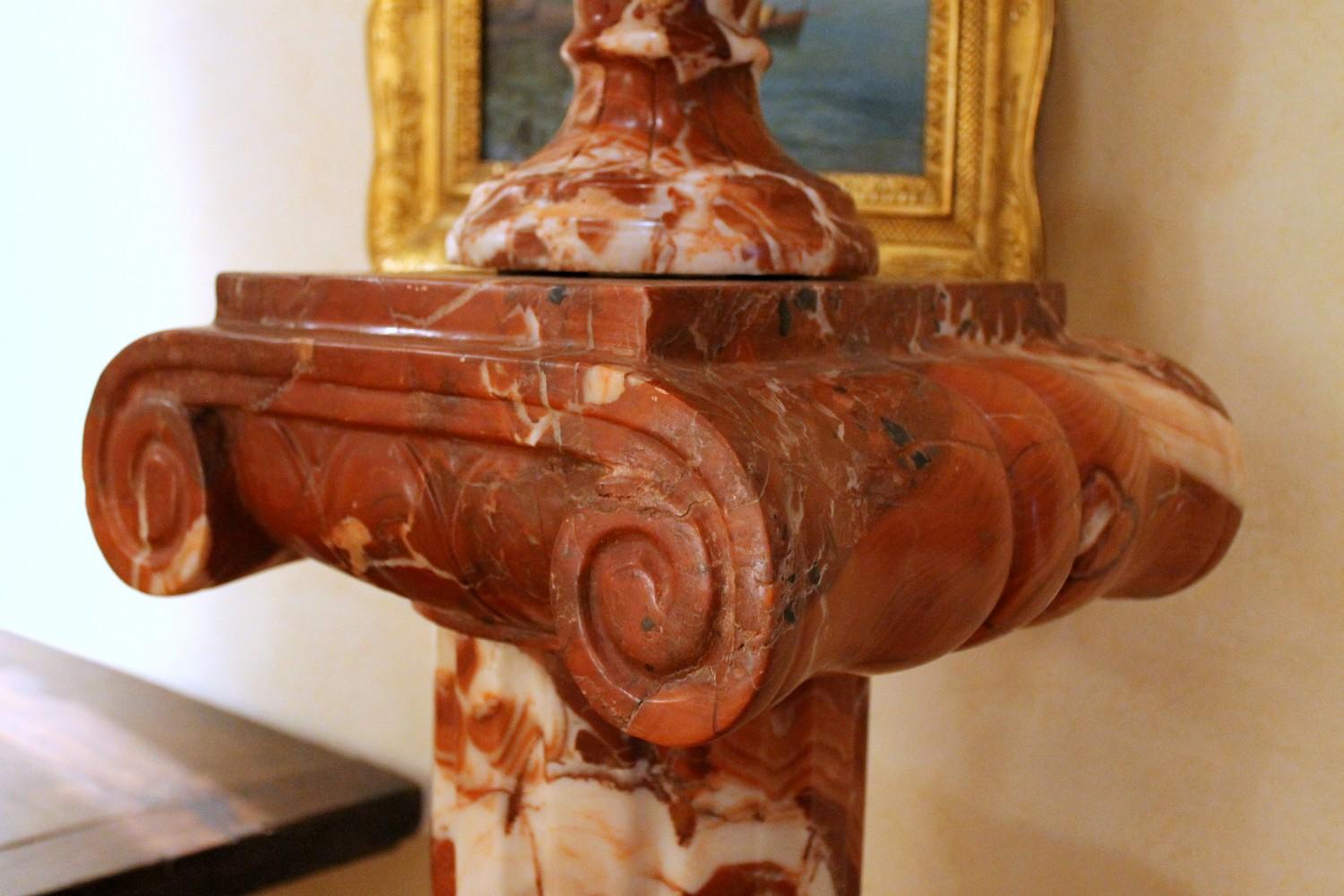 19th Century French Neoclassical Style Red Marble Lidded Vases with Rams Head on Pedestals