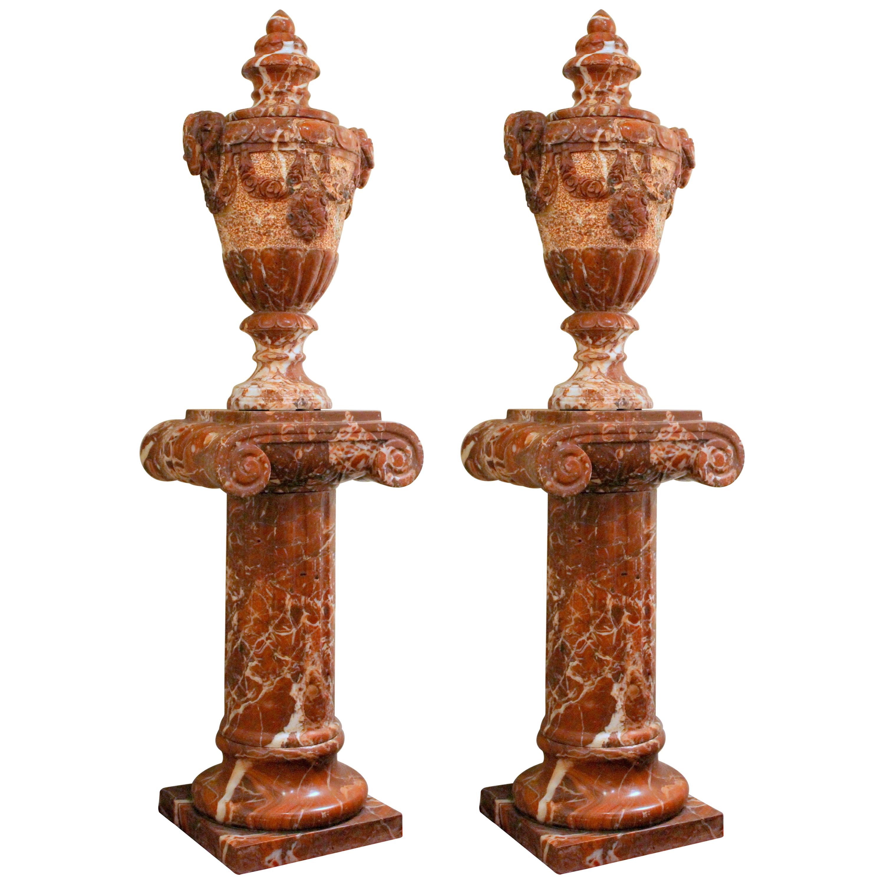 French Neoclassical Style Red Marble Lidded Vases with Rams Head on Pedestals