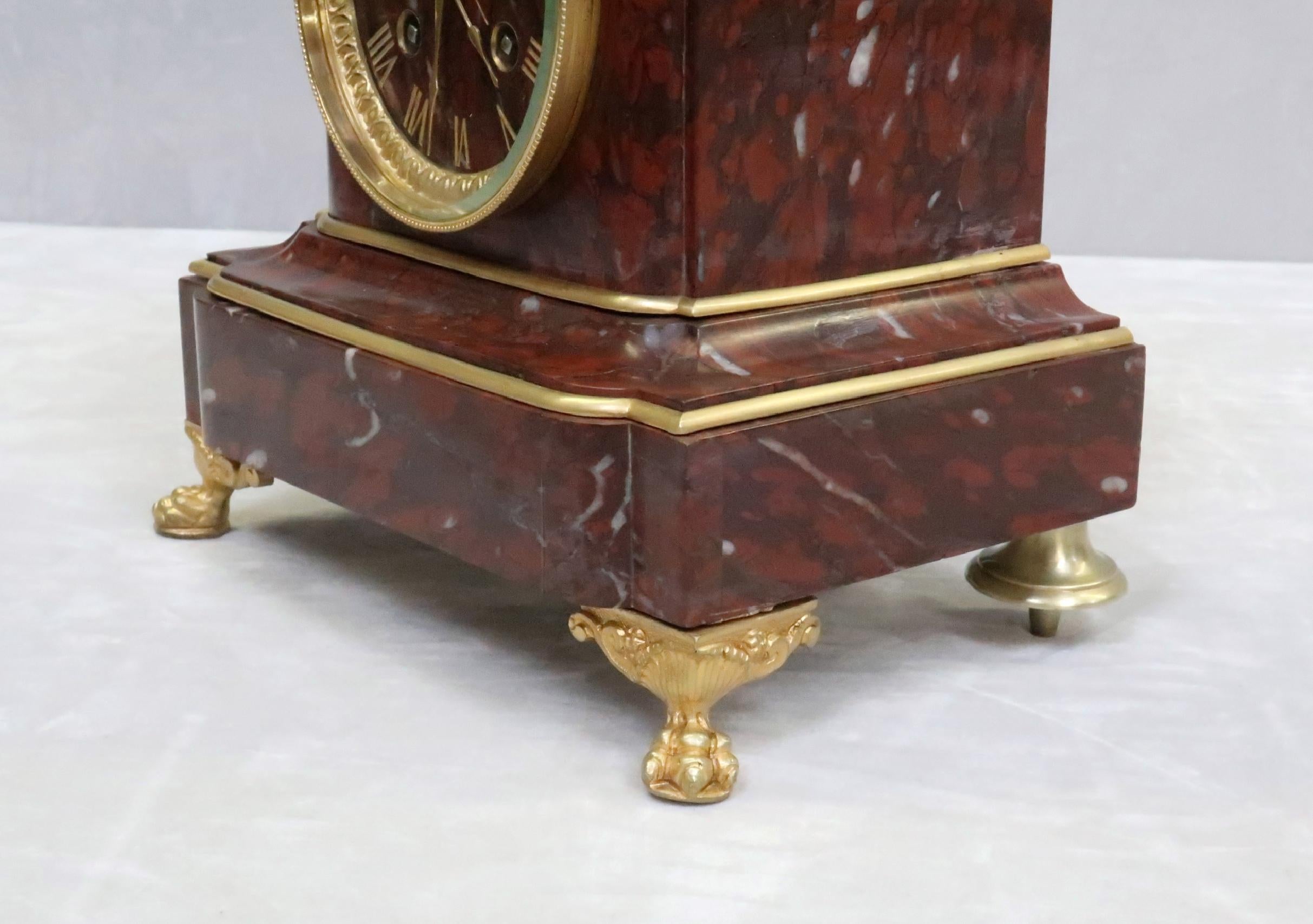 French Neoclassical Style Rouge Marble Mantel Clock by Japy Freres In Good Condition For Sale In Macclesfield, GB