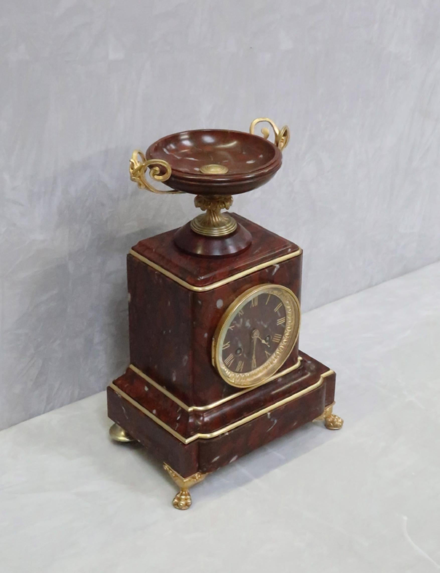 19th Century French Neoclassical Style Rouge Marble Mantel Clock by Japy Freres For Sale