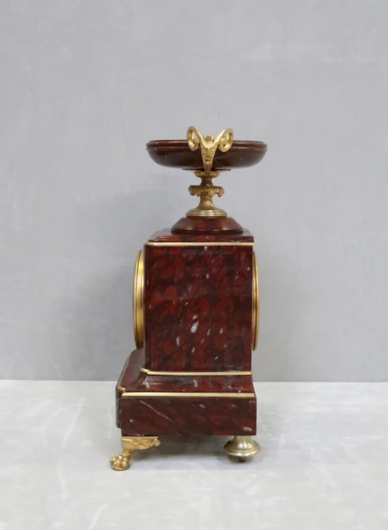 Bronze French Neoclassical Style Rouge Marble Mantel Clock by Japy Freres For Sale